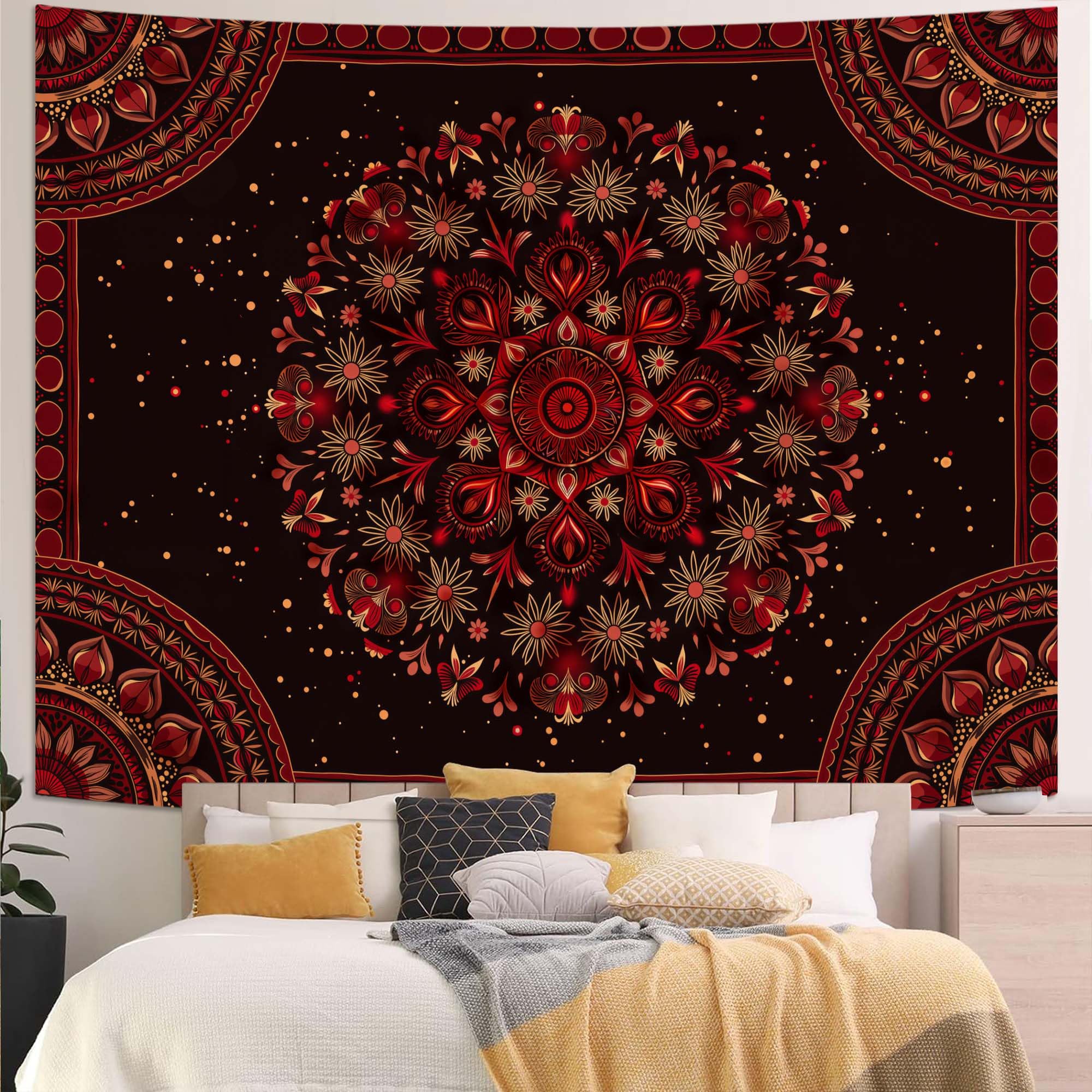 Accnicc Extra Large Orange Brown Boho Mandala Floral Tapestry, 90×68 Inch, Bohemian Wall Decor for Bedroom Living Room Dorm