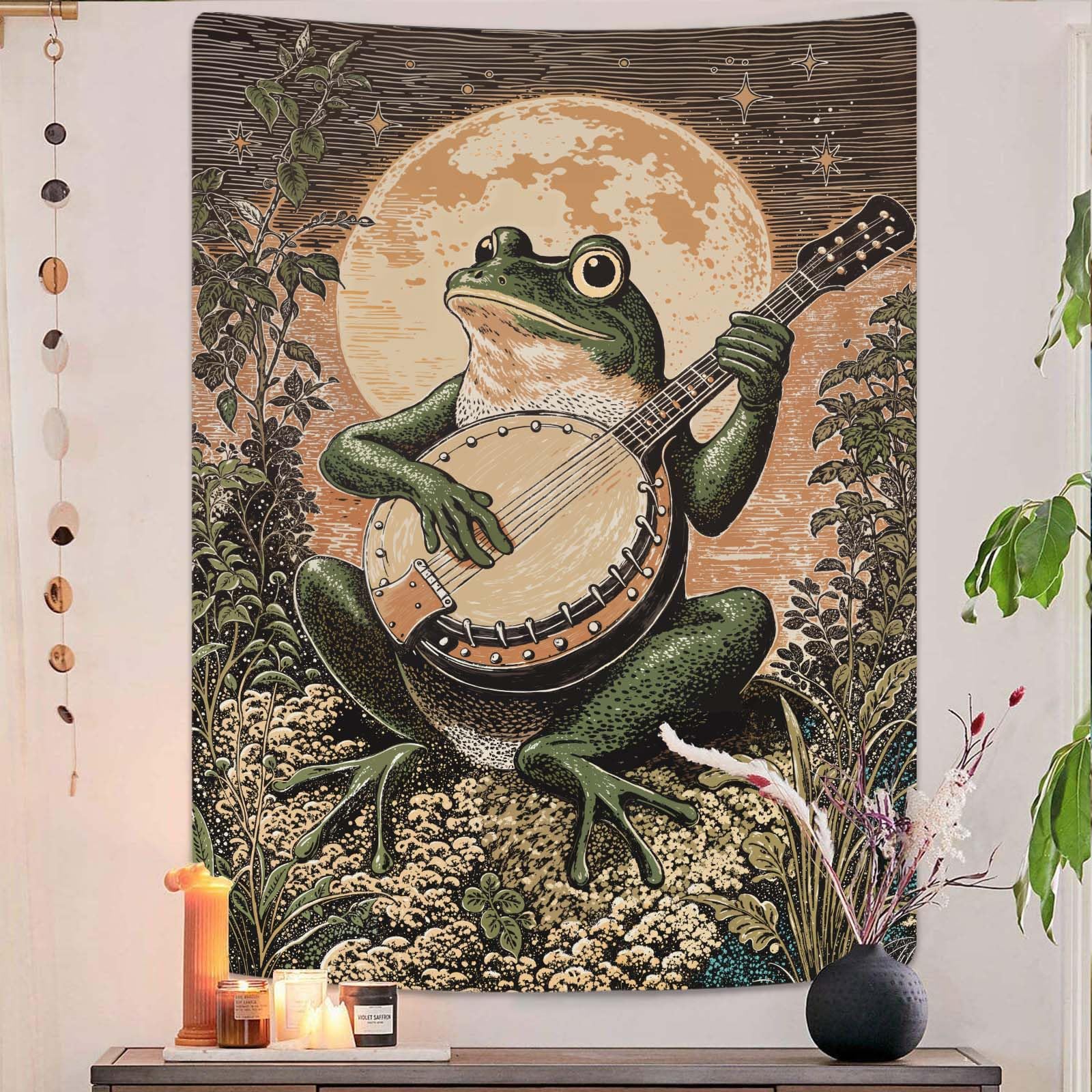 Lunerfex Folk Art Frog Banjo Tapestry - Vintage Woodland Night Wall Hanging for Rustic & Whimsical Decor 90"x70"