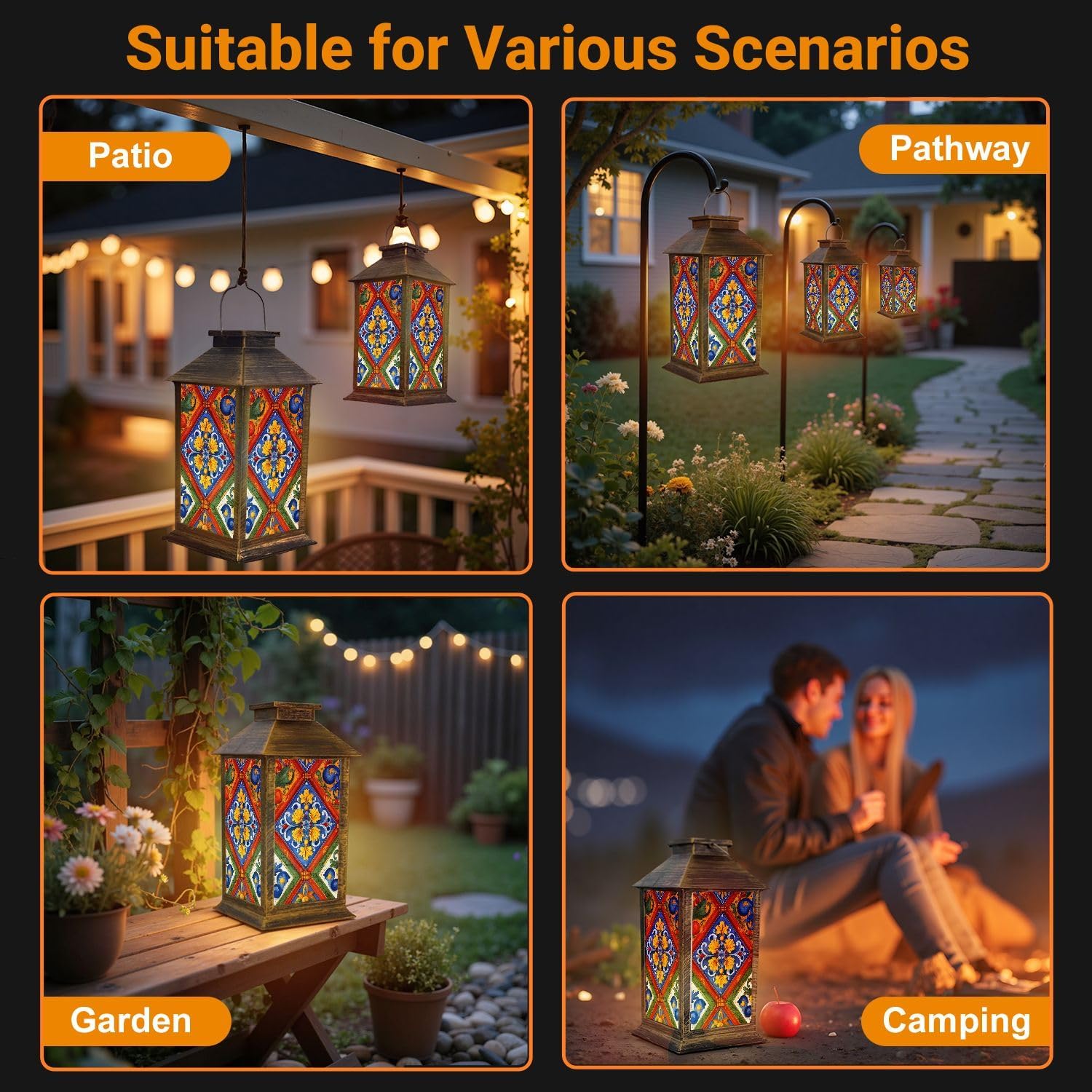 Solar Lantern Outdoor Waterproof Mexican Talavera Ceramic Tile Seamless Ethnic Folk Ornament Italian Garden Decor LED Hanging Solar Lights Tabletop Lamp Gifts for Women Mom Outside Yard Patio Porch