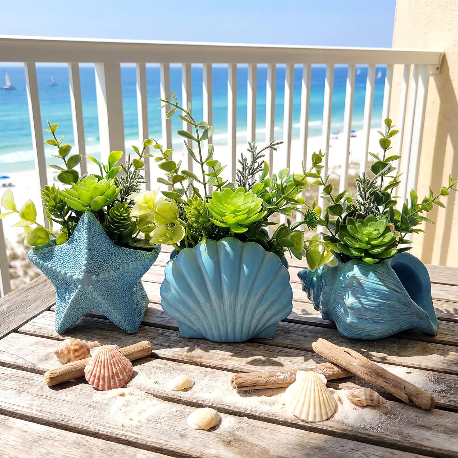 Zhehao 3 Set Coastal Artificial Plants Set Assorted Faux Succulents Artificial Plants with Pots Coastal Beach Decor for Home Bedroom Beach Theme Party Favors (Sea Shell Starfish Conch)