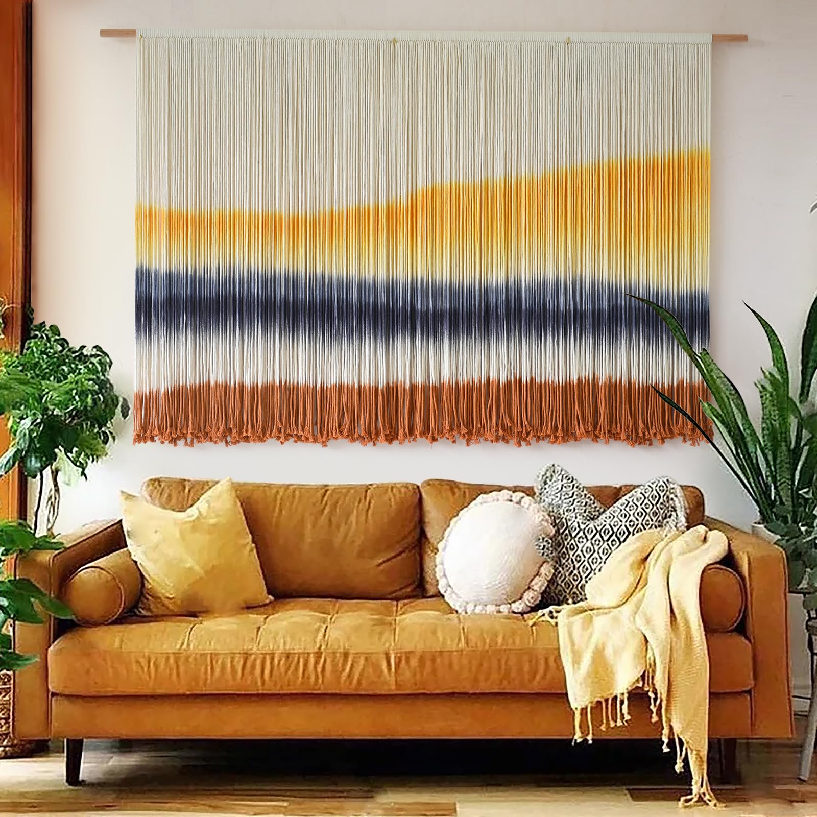 Macrame Wall Hanging Boho Chic Wall Art Macrame Wall Decor Fiber Yarn Tapestry Dip-Dye Living Room Home Bedroom Wall Decor 57" Wx 35" L