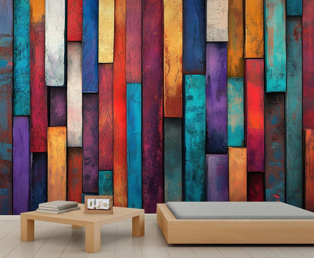 Colorful Wood Grain Wall Mural - Distressed Murals, Wooden Stripes Large Wall Murals for Living Room, Wood Grain Mural - 197" x 118.2" (Not Peel n' Stick)