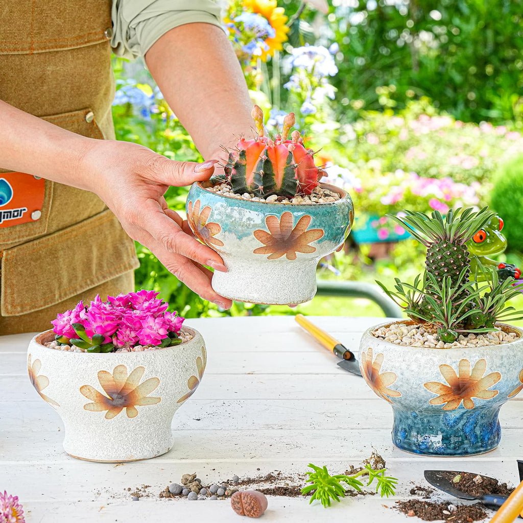 Sungmor Small Succulent Planters Set of 2, Beautiful Hand Crafted Ceramic Plant Pots Cute Cactus Pot, 6.5 Inch Flower Pots for Indoor Plants with Drainage, Desktop Windowsill Home Office Decor Pots