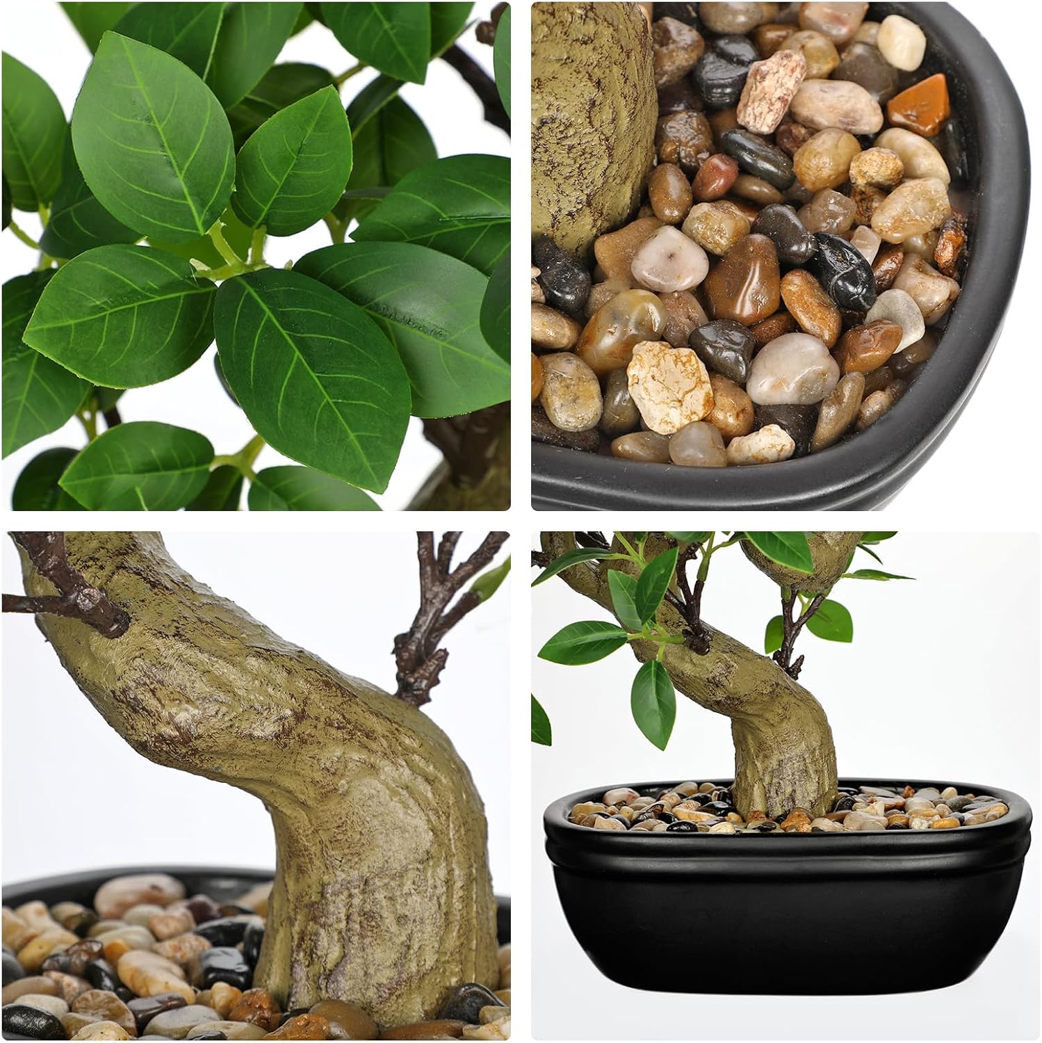 Artificial Bonsai Tree 12.9 Inch Faux Ficus Plant in Ceramic Pot with Pebbles Fake Green Potted Plant for Home Office Desk Decor Indoor Zen Table Centerpiece, Small Artificial Plants for Living Room