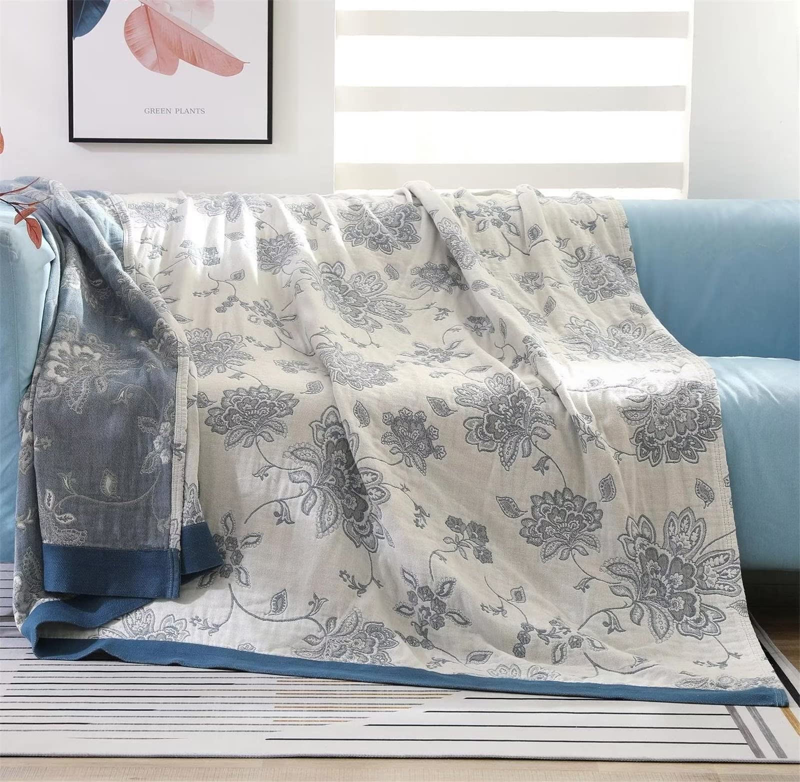 MSGKV Boho Throw Blanket for Couch Chair 100% Cotton Floral Blanket 50"x60" Sofa Blankets Lightweight Farmhouse Muslin Summer Breathable Bed Blankets Home Decor All Seasons