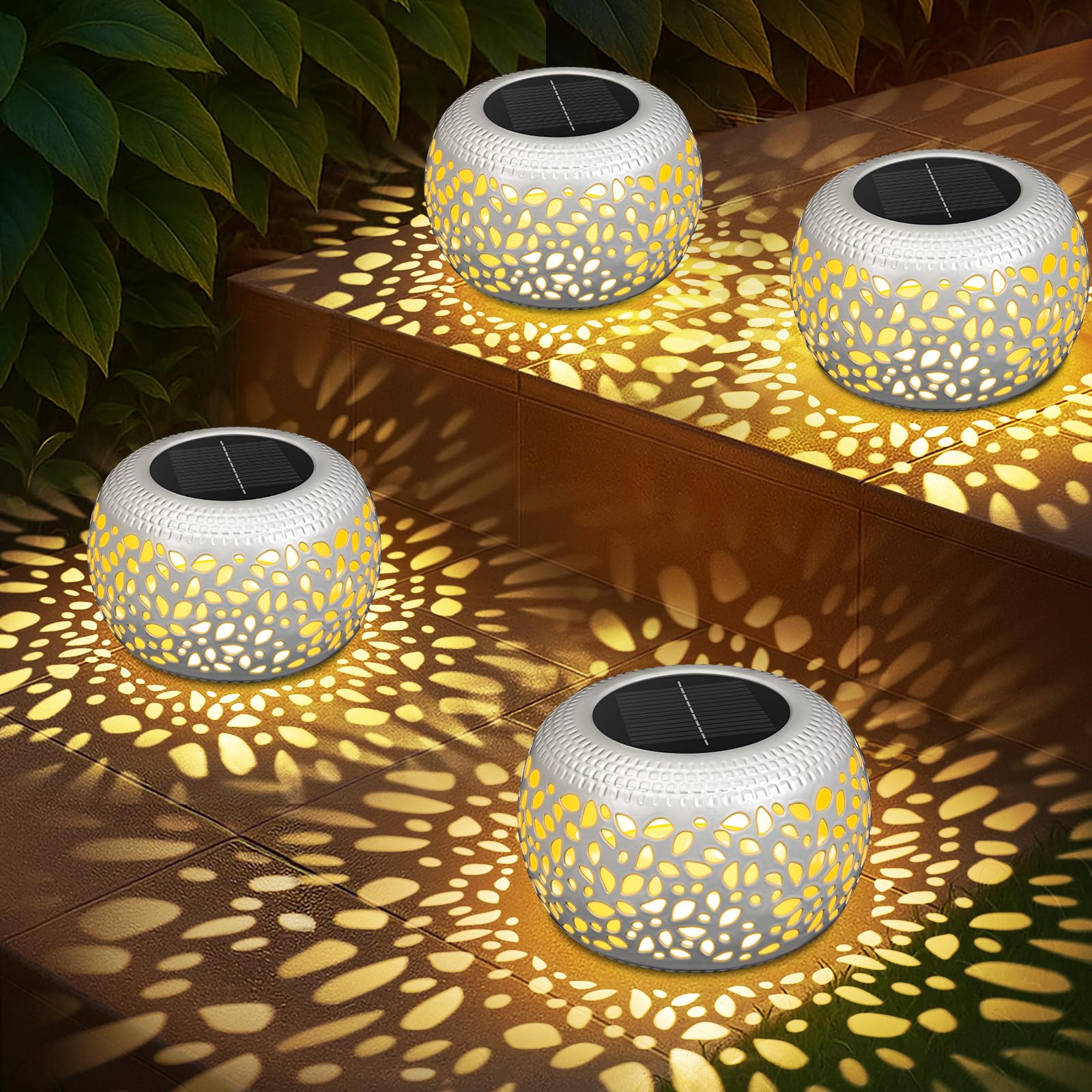 Solar Lanterns Waterproof Outdoor Decor: 2 Pack Hollow Out Retro Metal Solar Lights - Unique Gardening Gifts for Women Mom - Outside Garden Yard Patio Porch Tabletop Decorations 2 Lighting Colors