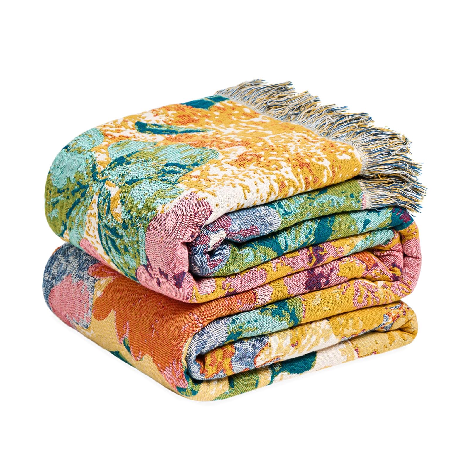 MSGKV Boho Throw Blanket for Couch Chair 100% Cotton Floral Blanket 50"x60" Sofa Blankets Lightweight Farmhouse Muslin Summer Breathable Bed Blankets Home Decor All Seasons