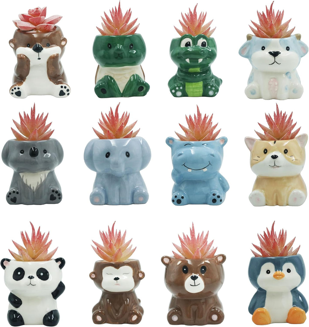Cute Cartoon Animal Shaped Succulent Cactus Plant Pots-Plants Not Included (About 2.8 Inches) (Randomly 12 PCS)