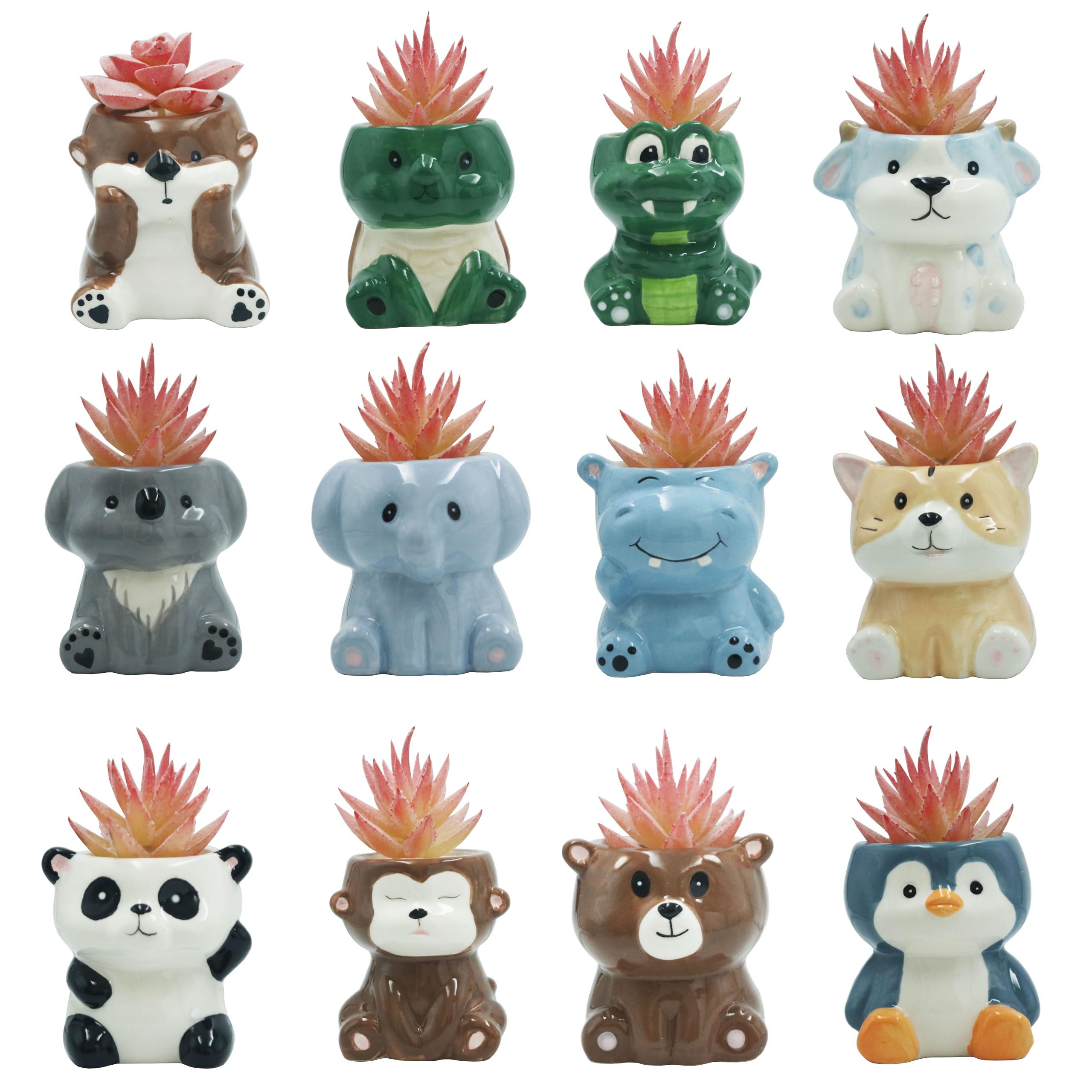 Cute Cartoon Animal Shaped Succulent Cactus Plant Pots-Plants Not Included (About 2.8 Inches) (Randomly 12 PCS)