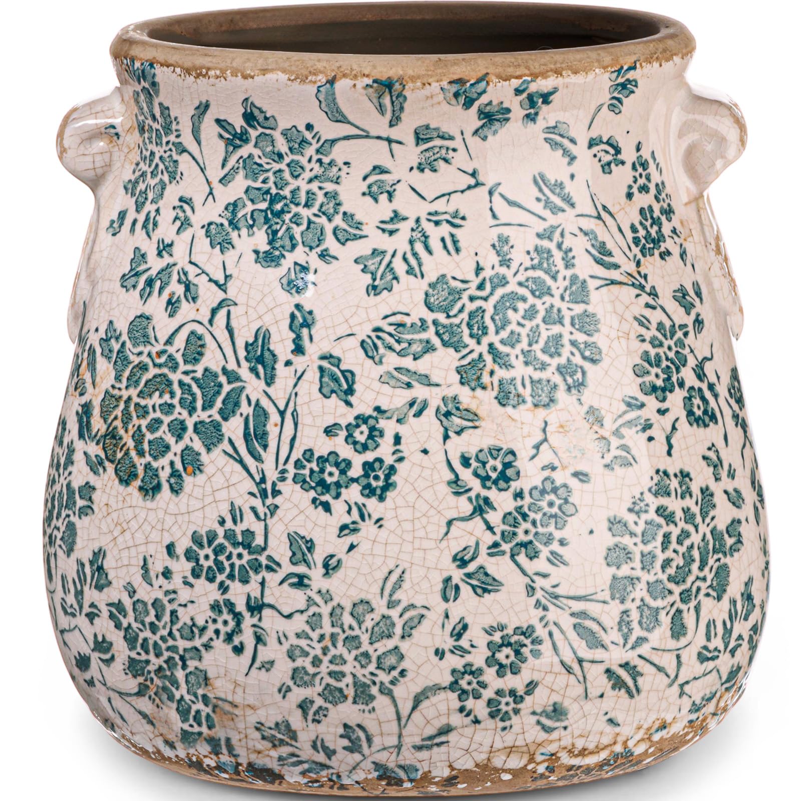 Ceramic Green Scroll Planter 6.5 Inch Chinoiserie Floral Vase with Drainage Holes Vintage Flower Vase Flower Pot Rustic Ceramic Pots for Indoor Plants Flowers Garden Home Bookshelf Decor
