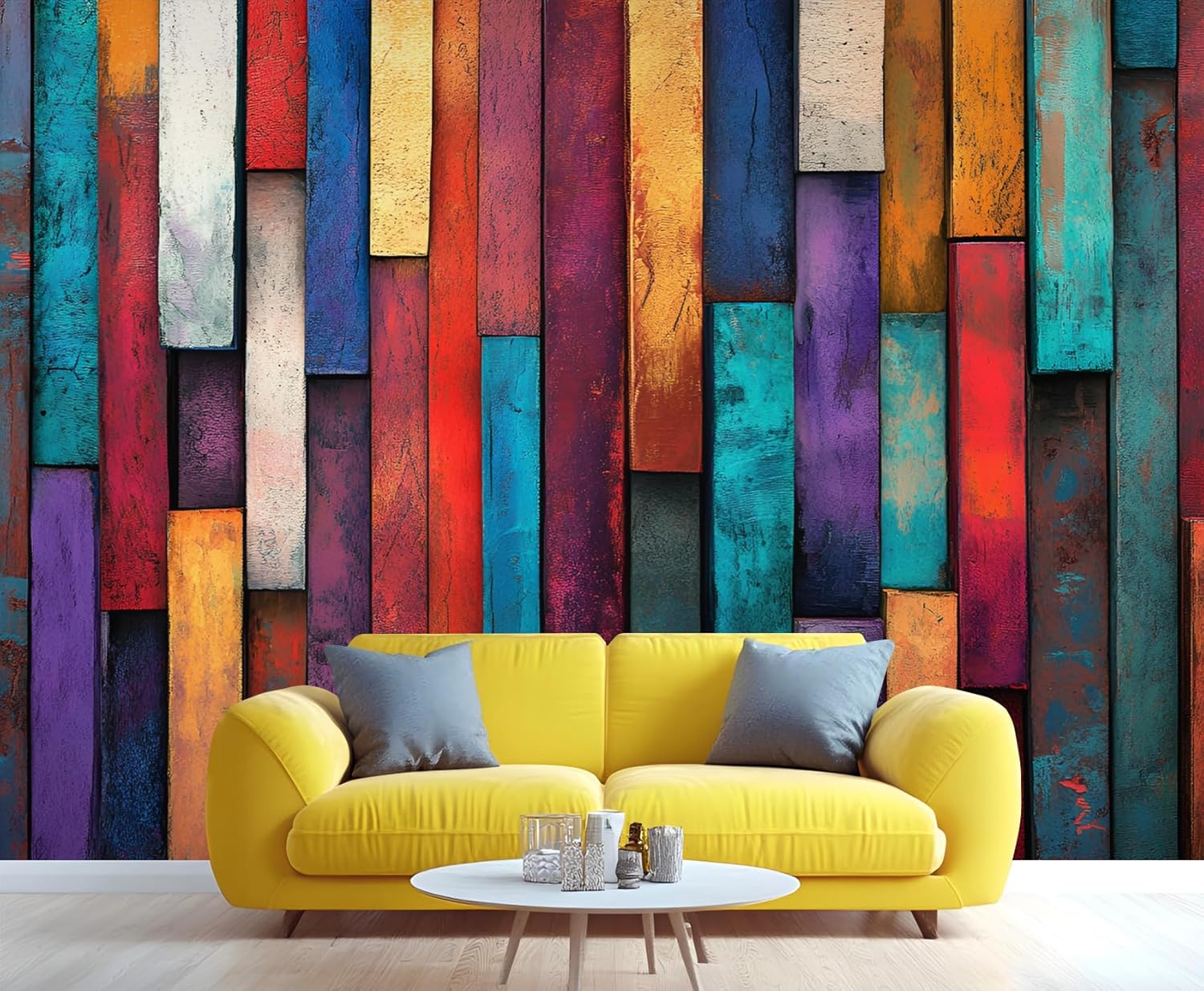 Colorful Wood Grain Wall Mural - Distressed Murals, Wooden Stripes Large Wall Murals for Living Room, Wood Grain Mural - 197" x 118.2" (Not Peel n' Stick)