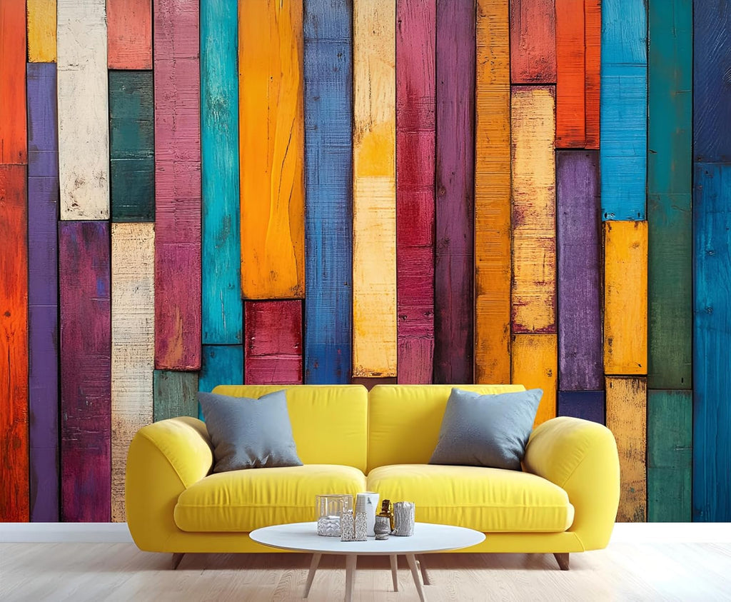 Colorful Distressed 3D Wood Grain Striped Wall Mural for Living Room & Bedroom, 197" x 118.2", Non-Adhesive
