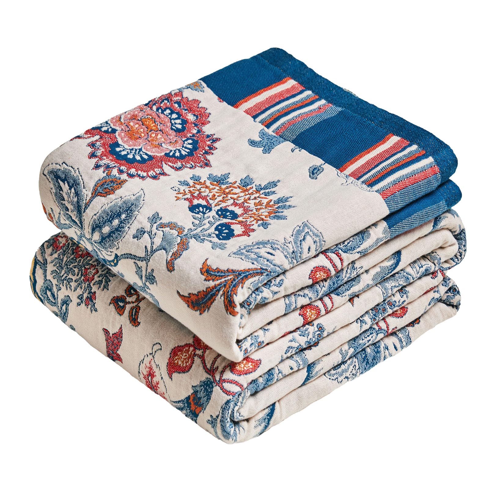 MSGKV Boho Throw Blanket for Couch Chair 100% Cotton Floral Blanket 50"x60" Sofa Blankets Lightweight Farmhouse Muslin Summer Breathable Bed Blankets Home Decor All Seasons