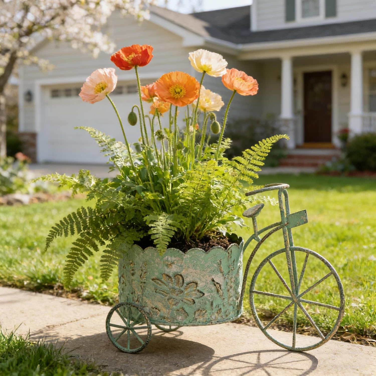 Vintage Green Metal Bicycle Planter Rustic Distressed Iron Flower Pot Plant Stand for Succulent Cactus Bonsai Herbs Flower Pot Indoor & Outdoor Garden Home Desktop Decor Gifts