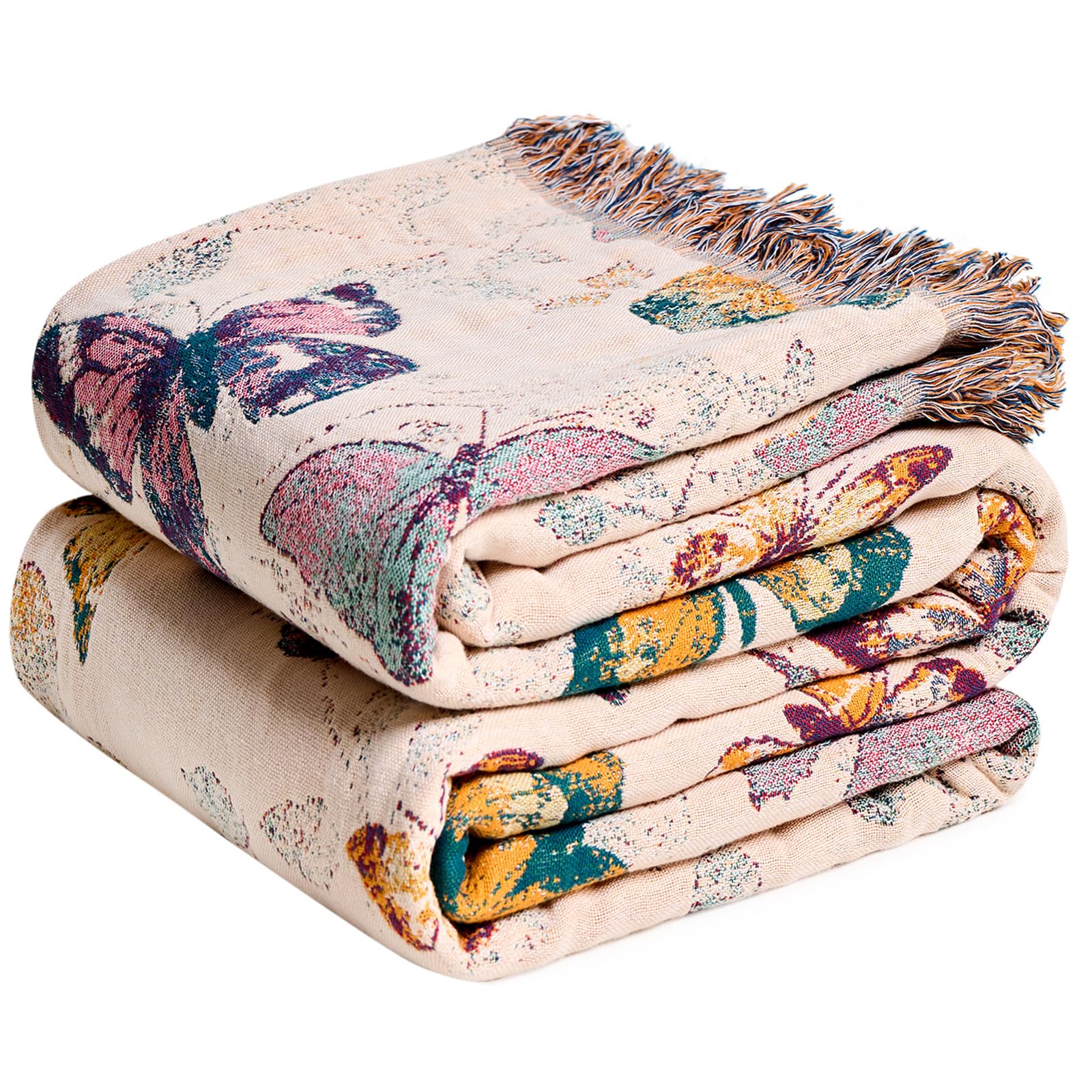MSGKV Boho Throw Blanket for Couch Chair 100% Cotton Floral Blanket 50"x60" Sofa Blankets Lightweight Farmhouse Muslin Summer Breathable Bed Blankets Home Decor All Seasons