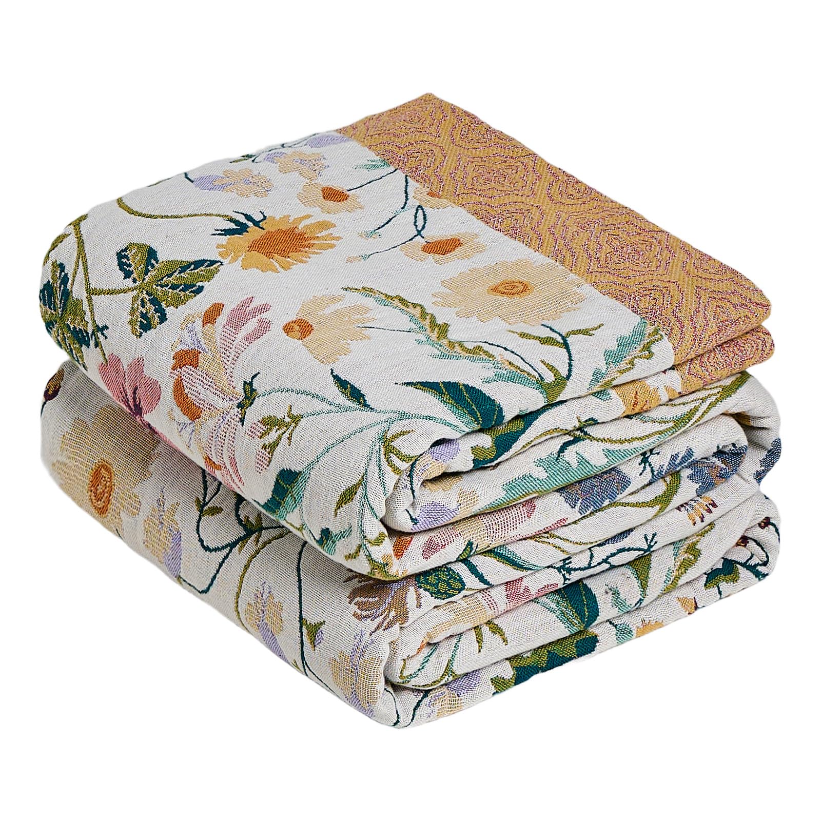 MSGKV Boho Throw Blanket for Couch Chair 100% Cotton Floral Blanket 50"x60" Sofa Blankets Lightweight Farmhouse Muslin Summer Breathable Bed Blankets Home Decor All Seasons