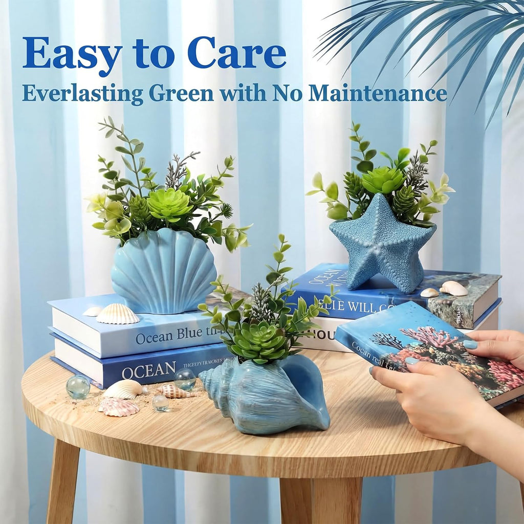 Zhehao 3 Set Coastal Artificial Plants Set Assorted Faux Succulents Artificial Plants with Pots Coastal Beach Decor for Home Bedroom Beach Theme Party Favors (Sea Shell Starfish Conch)