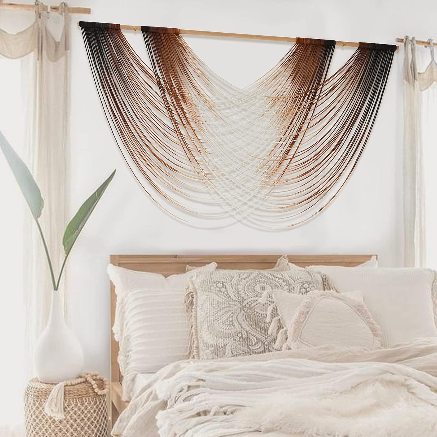 Flber Macrame Wall Hanging Dip Dye Brown Boho Wall Decor Yarn Tapestry Modern Living Room Bedroom Home Wall Decor 57" W x 35" L