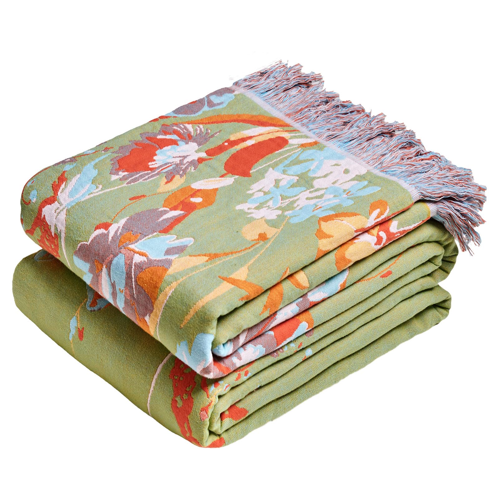 MSGKV Boho Throw Blanket for Couch Chair 100% Cotton Floral Blanket 50"x60" Sofa Blankets Lightweight Farmhouse Muslin Summer Breathable Bed Blankets Home Decor All Seasons