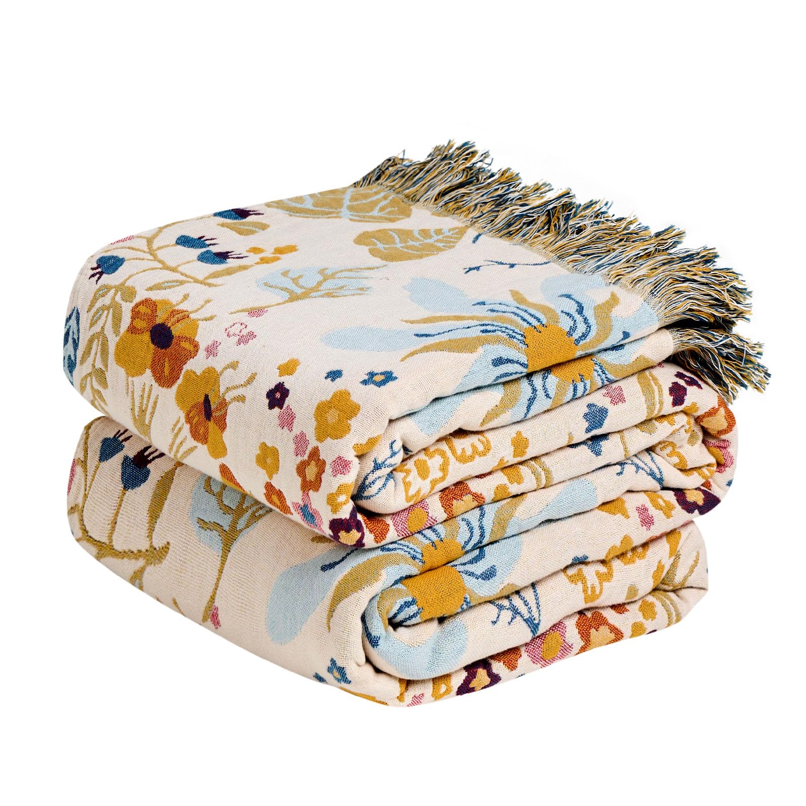 MSGKV Boho Throw Blanket for Couch Chair 100% Cotton Floral Blanket 50"x60" Sofa Blankets Lightweight Farmhouse Muslin Summer Breathable Bed Blankets Home Decor All Seasons