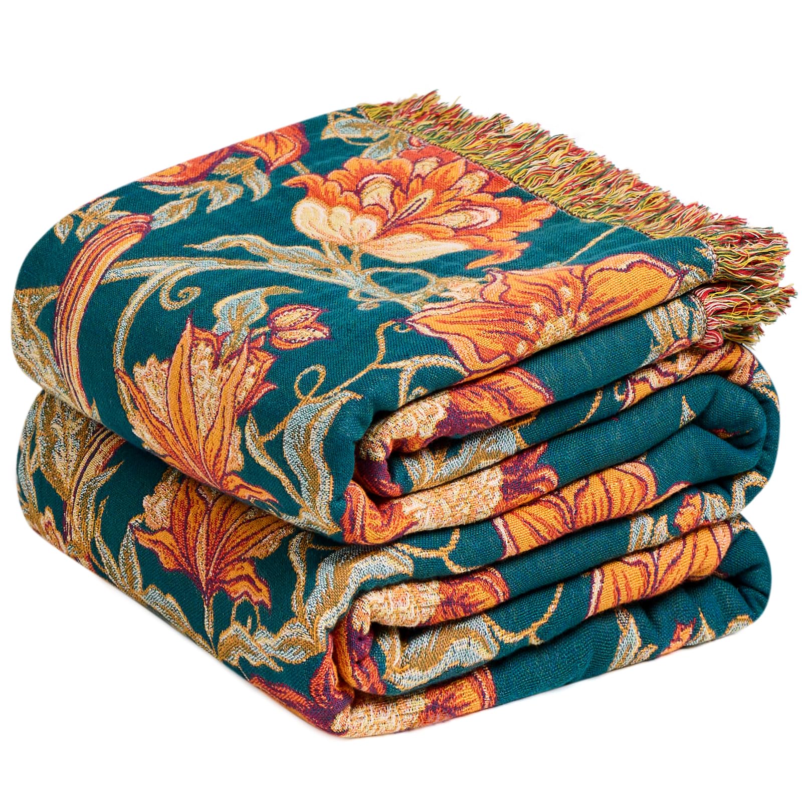 MSGKV Boho Throw Blanket for Couch Chair 100% Cotton Floral Blanket 50"x60" Sofa Blankets Lightweight Farmhouse Muslin Summer Breathable Bed Blankets Home Decor All Seasons