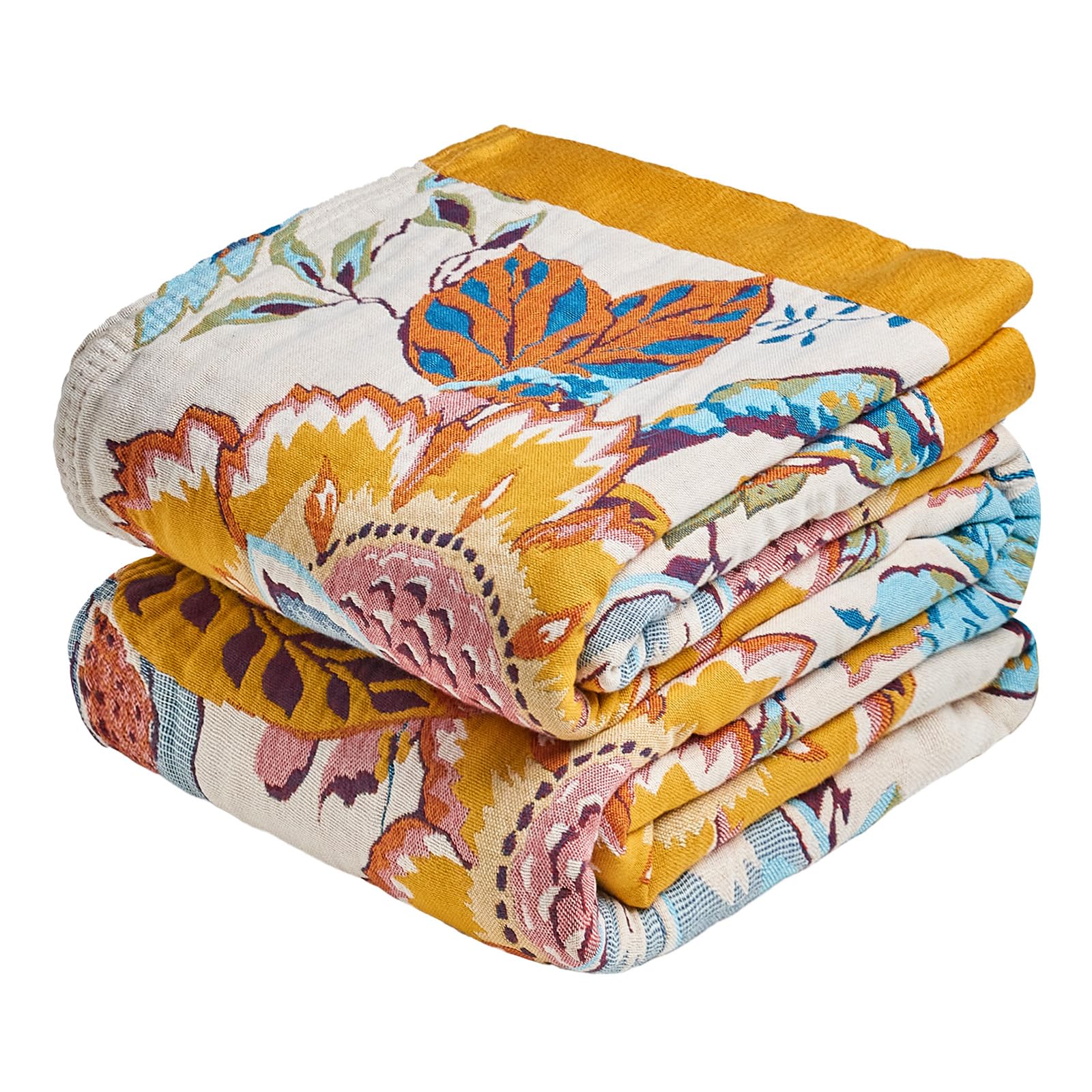 MSGKV Boho Throw Blanket for Couch Chair 100% Cotton Floral Blanket 50"x60" Sofa Blankets Lightweight Farmhouse Muslin Summer Breathable Bed Blankets Home Decor All Seasons