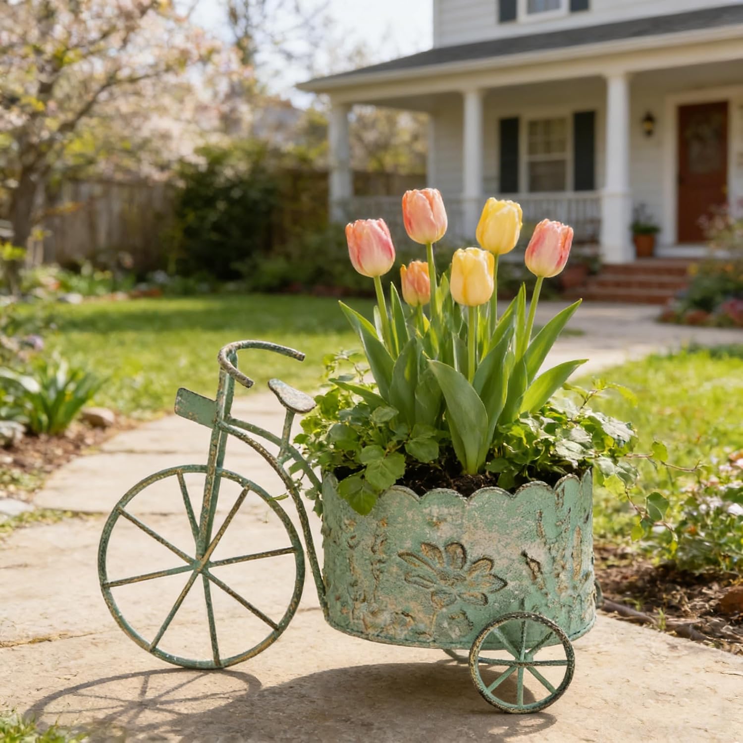 Vintage Green Metal Bicycle Planter Rustic Distressed Iron Flower Pot Plant Stand for Succulent Cactus Bonsai Herbs Flower Pot Indoor & Outdoor Garden Home Desktop Decor Gifts