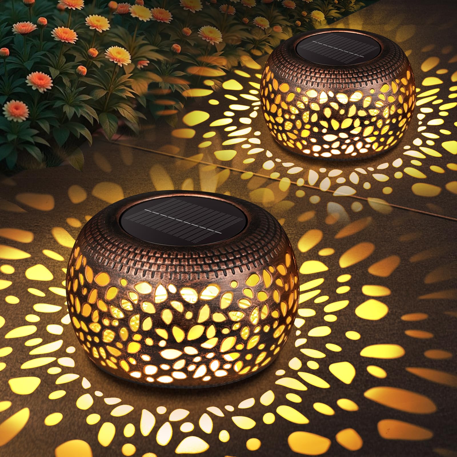 Solar Lanterns Waterproof Outdoor Decor: 2 Pack Hollow Out Retro Metal Solar Lights - Unique Gardening Gifts for Women Mom - Outside Garden Yard Patio Porch Tabletop Decorations 2 Lighting Colors