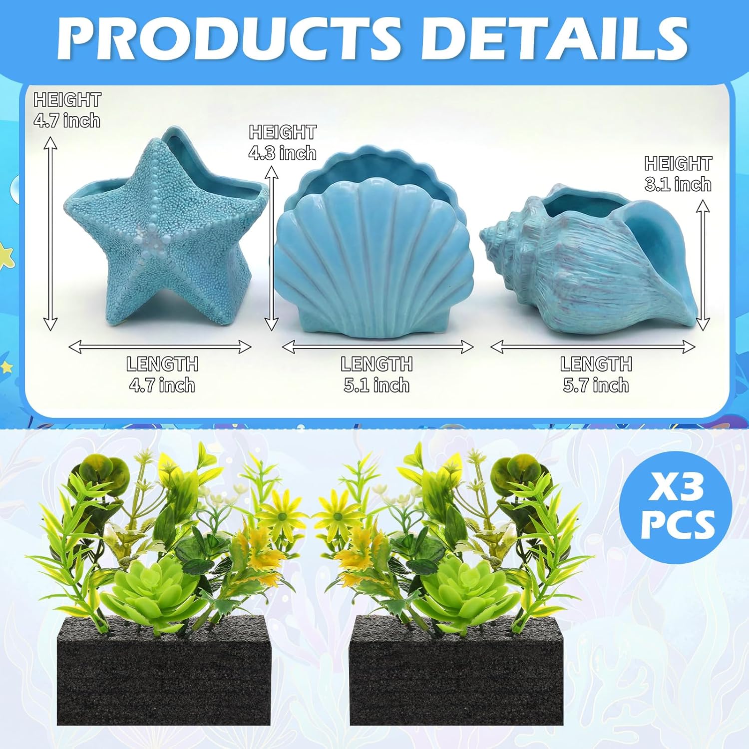 Zhehao 3 Set Coastal Artificial Plants Set Assorted Faux Succulents Artificial Plants with Pots Coastal Beach Decor for Home Bedroom Beach Theme Party Favors (Sea Shell Starfish Conch)
