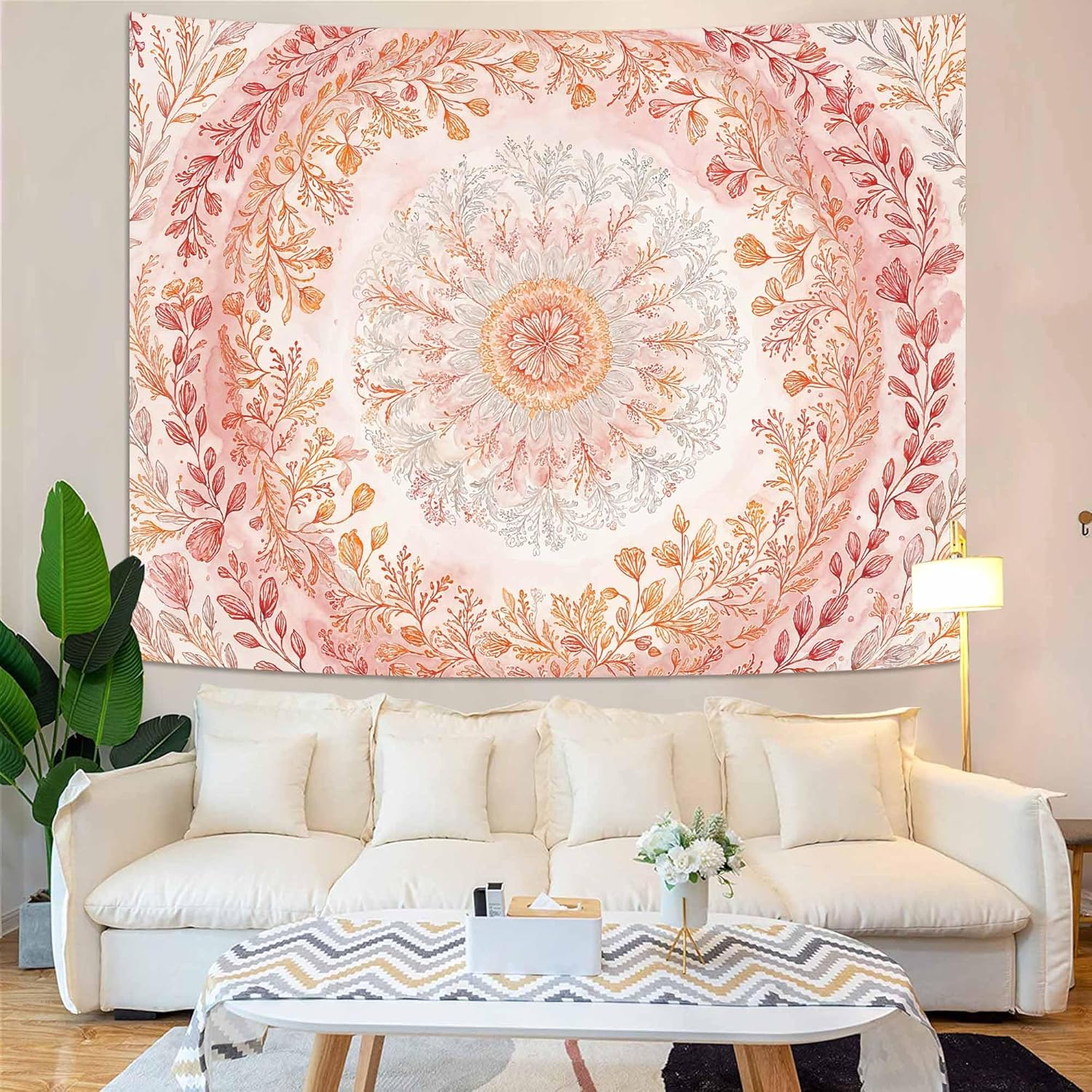 Wegklazax Watercolor Floral Mandala Tapestry, Soft Orange Botanical Wall Art for Room Decor, Cottagecore Aesthetic Home Decor 90" L x 70" W