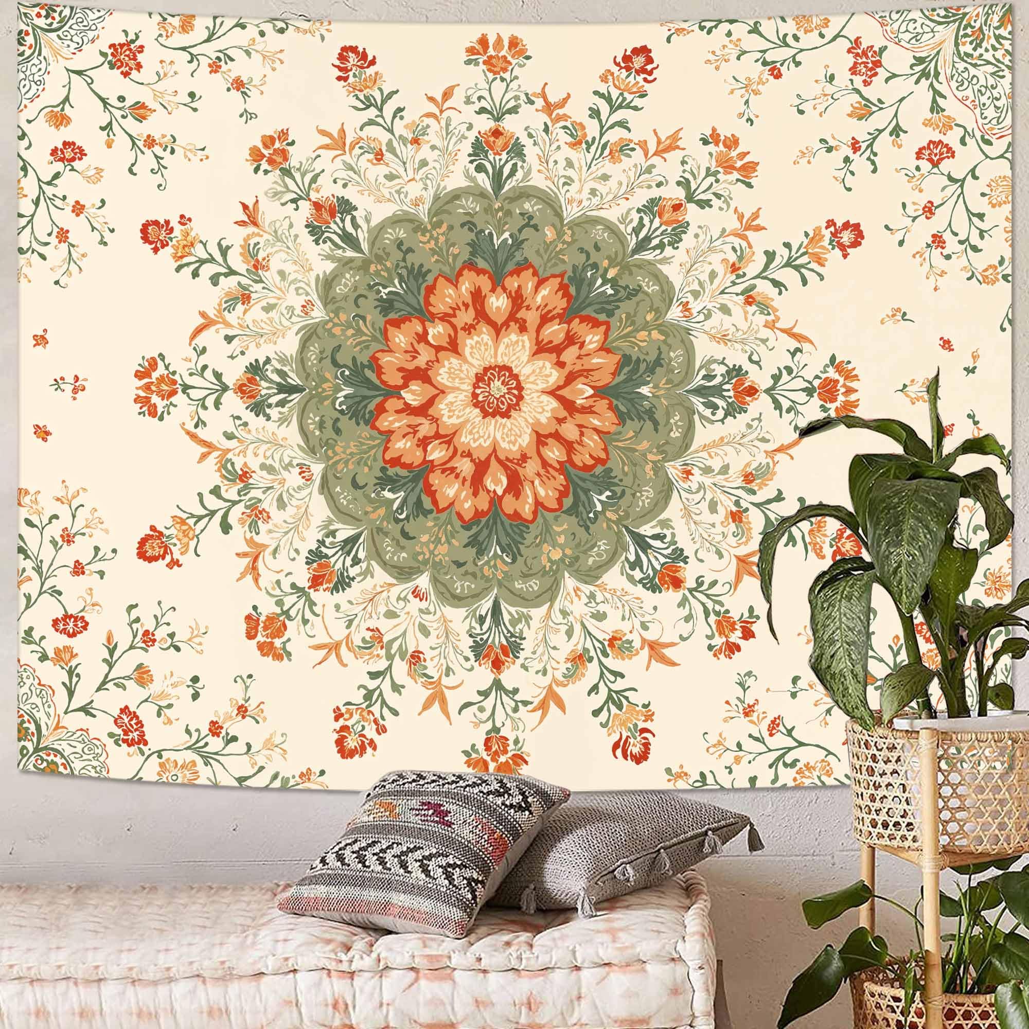 Wegklazax Watercolor Floral Mandala Tapestry, Soft Orange Botanical Wall Art for Room Decor, Cottagecore Aesthetic Home Decor 90" L x 70" W