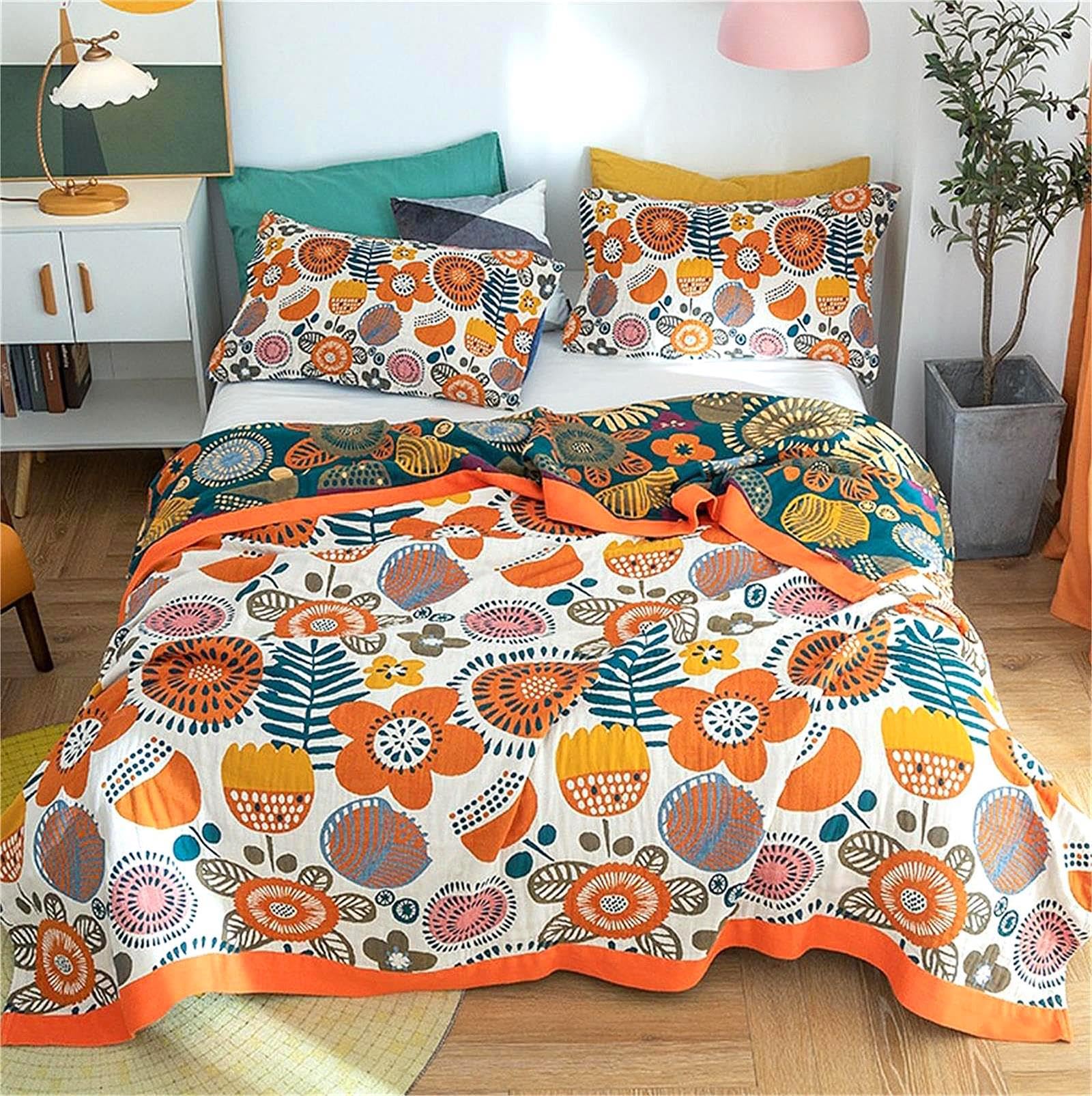 MSGKV Boho Throw Blanket for Couch Chair 100% Cotton Floral Blanket 50"x60" Sofa Blankets Lightweight Farmhouse Muslin Summer Breathable Bed Blankets Home Decor All Seasons