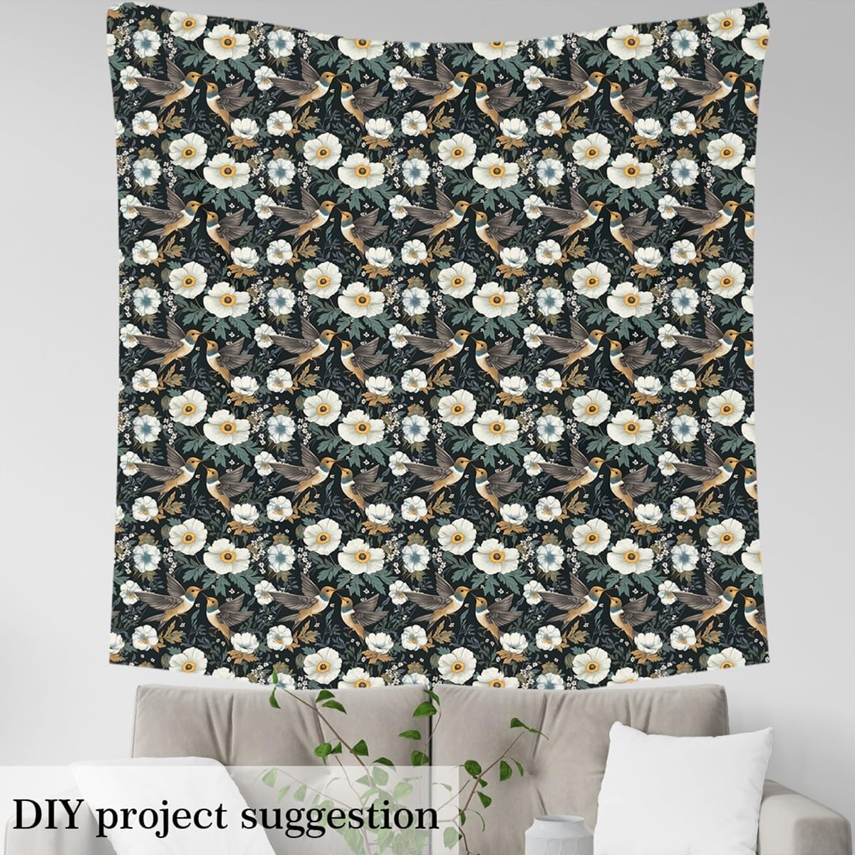 Hummingbird Fabric by The Yard,Botaniclal Flowers Rustic Style DIY Art Project,Jungle Wild Plants Outdoor Decor,Farm Garden Decor Soft Flannel Polyester No Stretch Fabric,3 Yards,108" L x 59" W