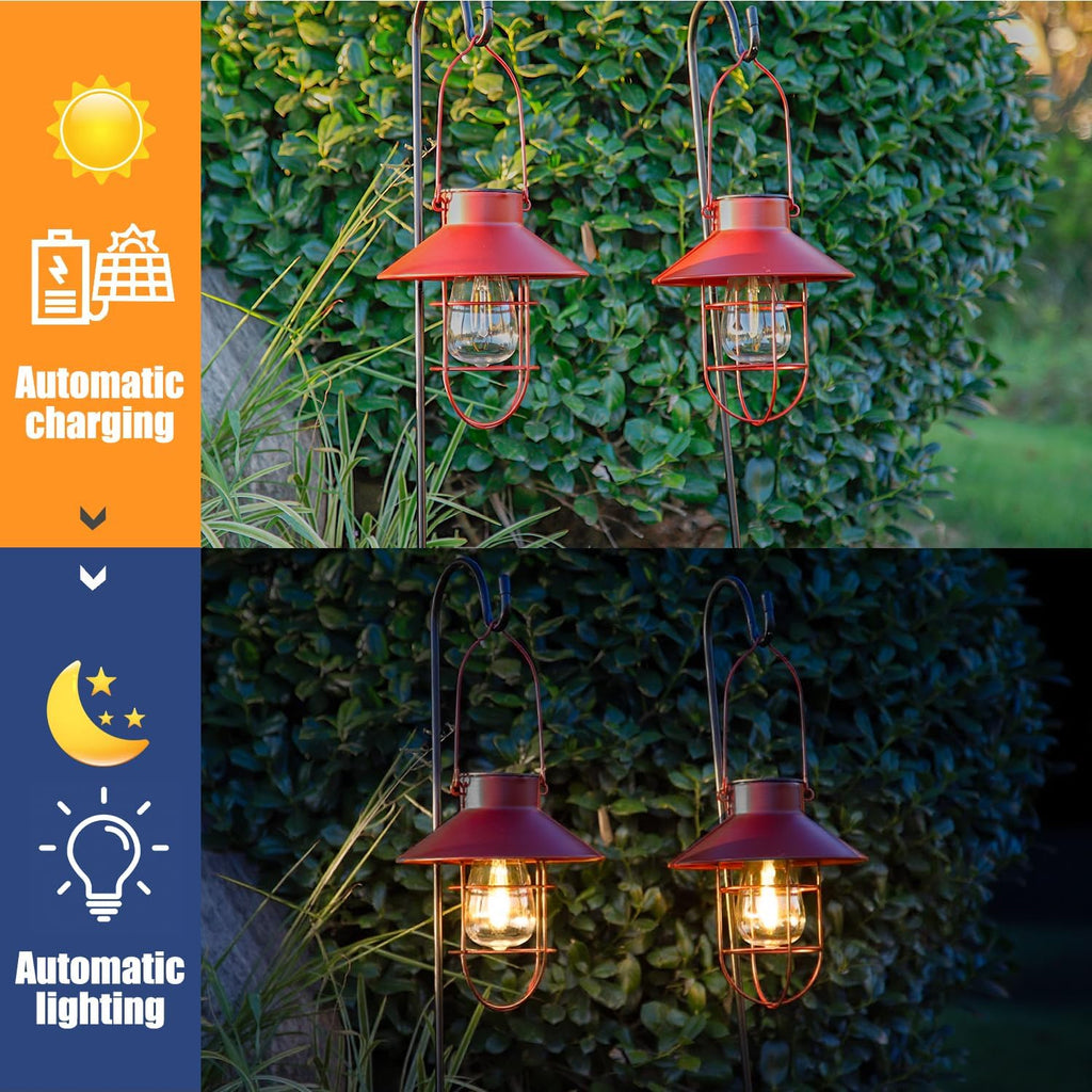 2-Pack Red Waterproof Metal Solar Hanging Lanterns with Hooks, Warm White LED for Yard Garden Patio Outdoor Decor