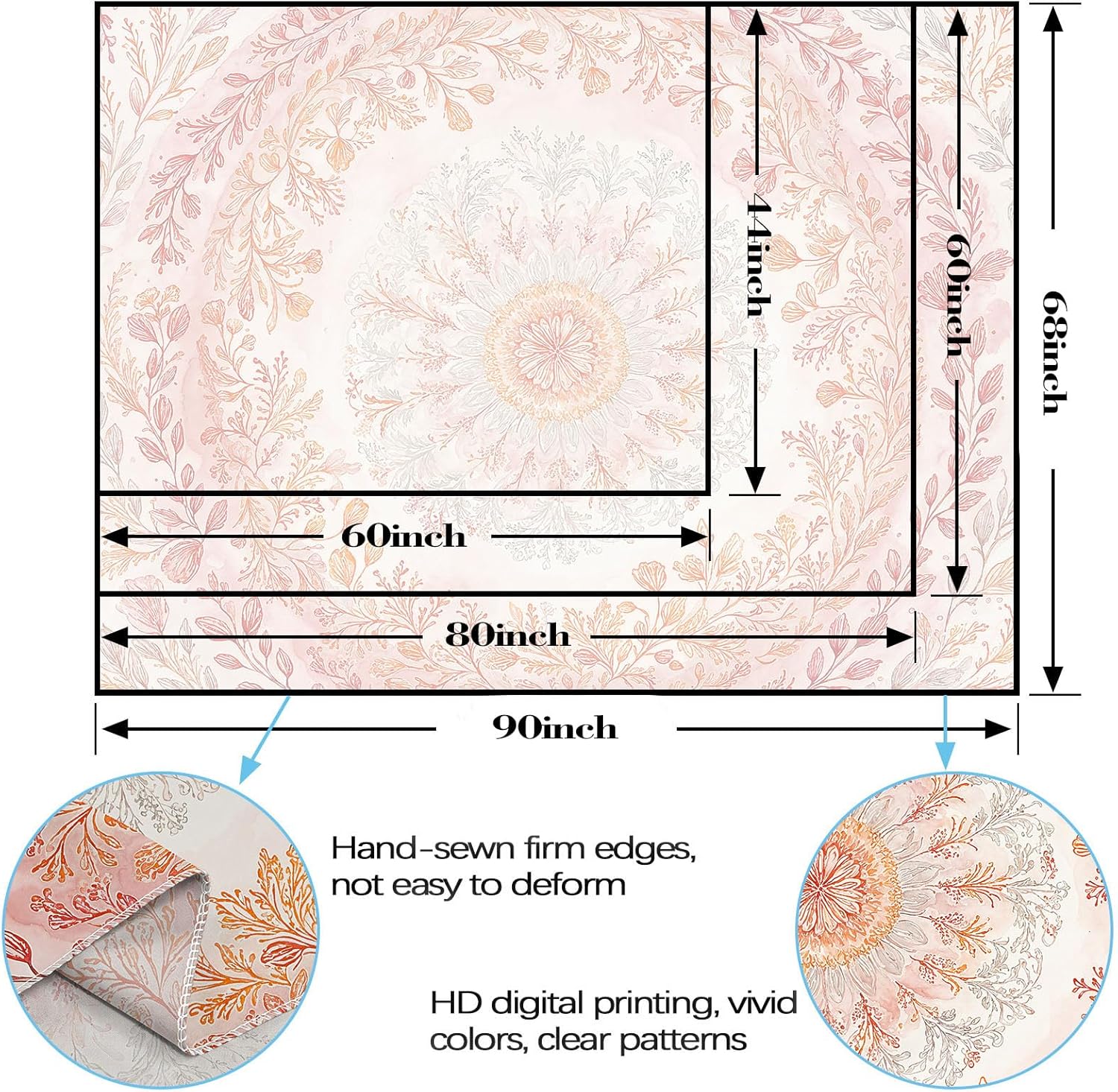 Wegklazax Watercolor Floral Mandala Tapestry, Soft Orange Botanical Wall Art for Room Decor, Cottagecore Aesthetic Home Decor 90" L x 70" W