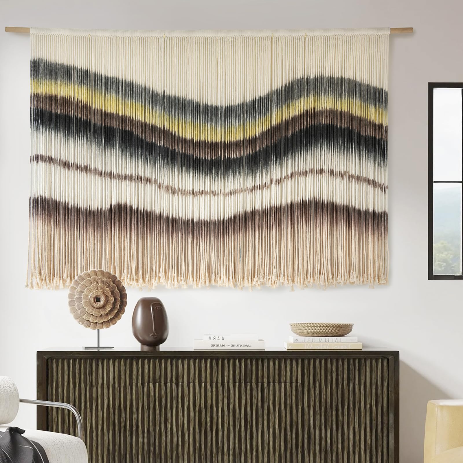 Macrame Wall Hanging Boho Chic Wall Art Macrame Wall Decor Fiber Yarn Tapestry Dip-Dye Living Room Home Bedroom Wall Decor 57" Wx 35" L