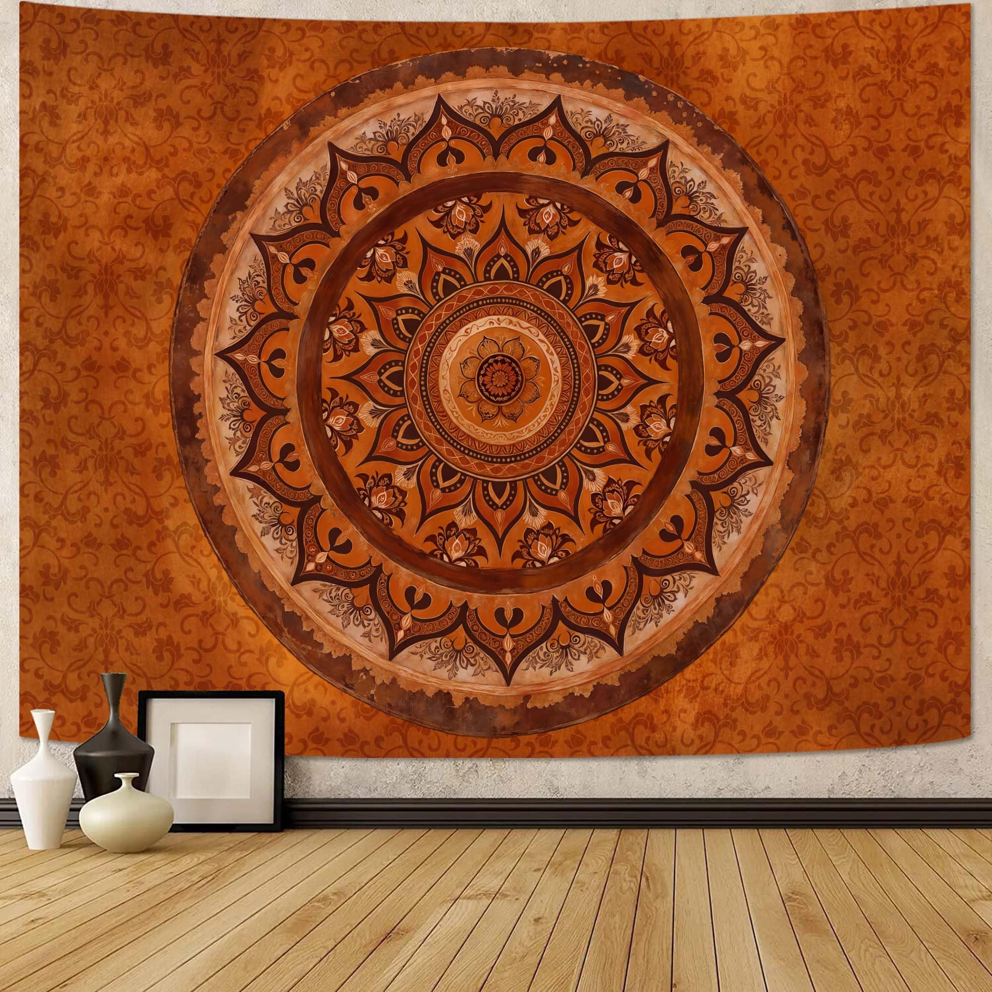 Accnicc Extra Large Orange Brown Boho Mandala Floral Tapestry, 90×68 Inch, Bohemian Wall Decor for Bedroom Living Room Dorm
