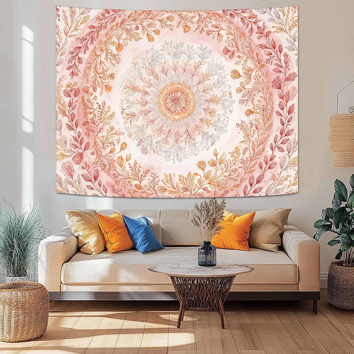 Wegklazax Watercolor Floral Mandala Tapestry, Soft Orange Botanical Wall Art for Room Decor, Cottagecore Aesthetic Home Decor 90" L x 70" W