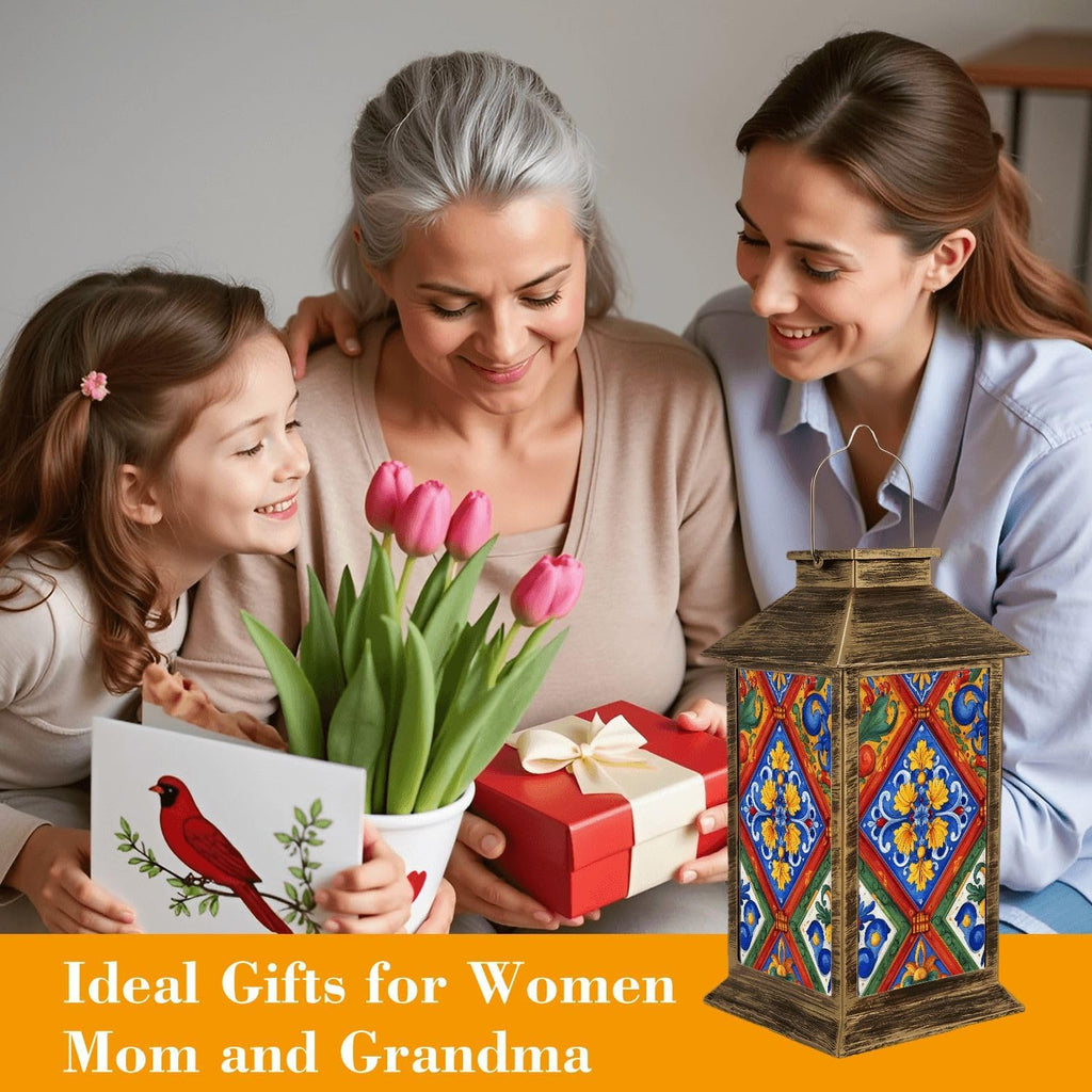 Solar Lantern Outdoor Waterproof Mexican Talavera Ceramic Tile Seamless Ethnic Folk Ornament Italian Garden Decor LED Hanging Solar Lights Tabletop Lamp Gifts for Women Mom Outside Yard Patio Porch