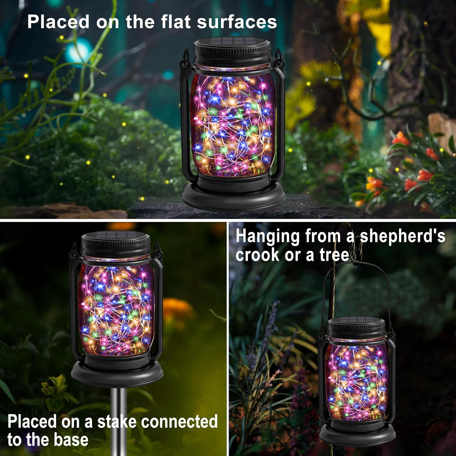 4 Pack Hanging Solar Lantern Lights, 30LED Vintage Glass Mason Jar Solar Fairy Lights Outdoor Decorative Waterproof Table Light with Stakes for Patio Yard Lawn Tree