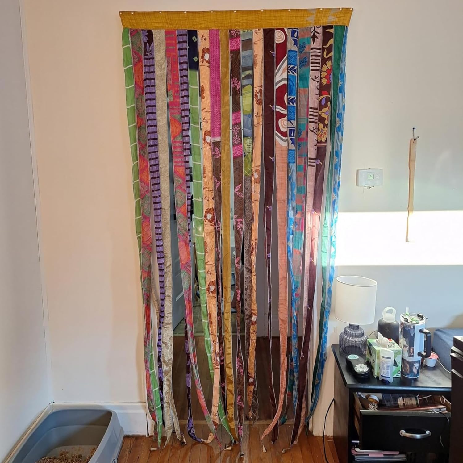 Handmade Boho Silk Sari Ribbon Hippie Curtain Doorway Divider, Recycled Saree Fabric Drape with Bells, Light-Filtering Multicolor Rod Pocket Curtain for Bedroom & Living Room Décor 85x45 Inch