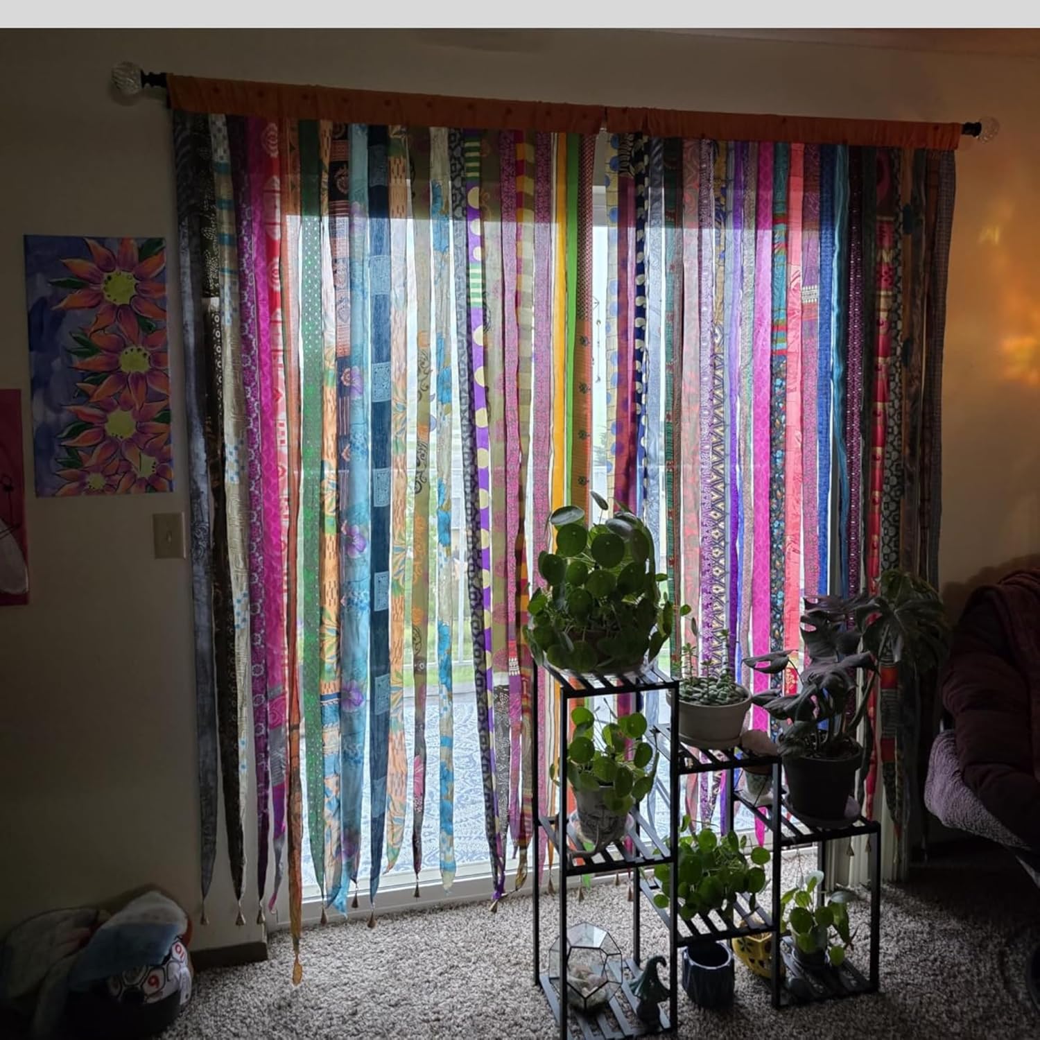 Handmade Boho Silk Sari Ribbon Hippie Curtain Doorway Divider, Recycled Saree Fabric Drape with Bells, Light-Filtering Multicolor Rod Pocket Curtain for Bedroom & Living Room Décor 85x45 Inch