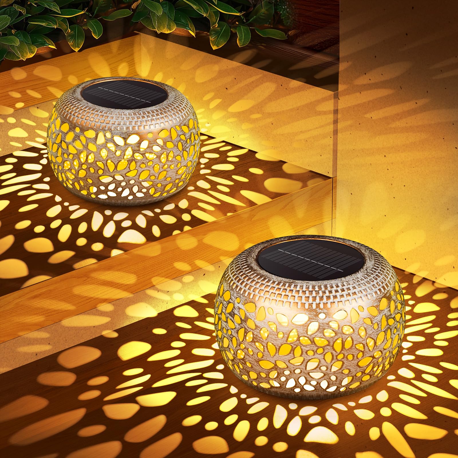 Solar Lanterns Waterproof Outdoor Decor: 2 Pack Hollow Out Retro Metal Solar Lights - Unique Gardening Gifts for Women Mom - Outside Garden Yard Patio Porch Tabletop Decorations 2 Lighting Colors