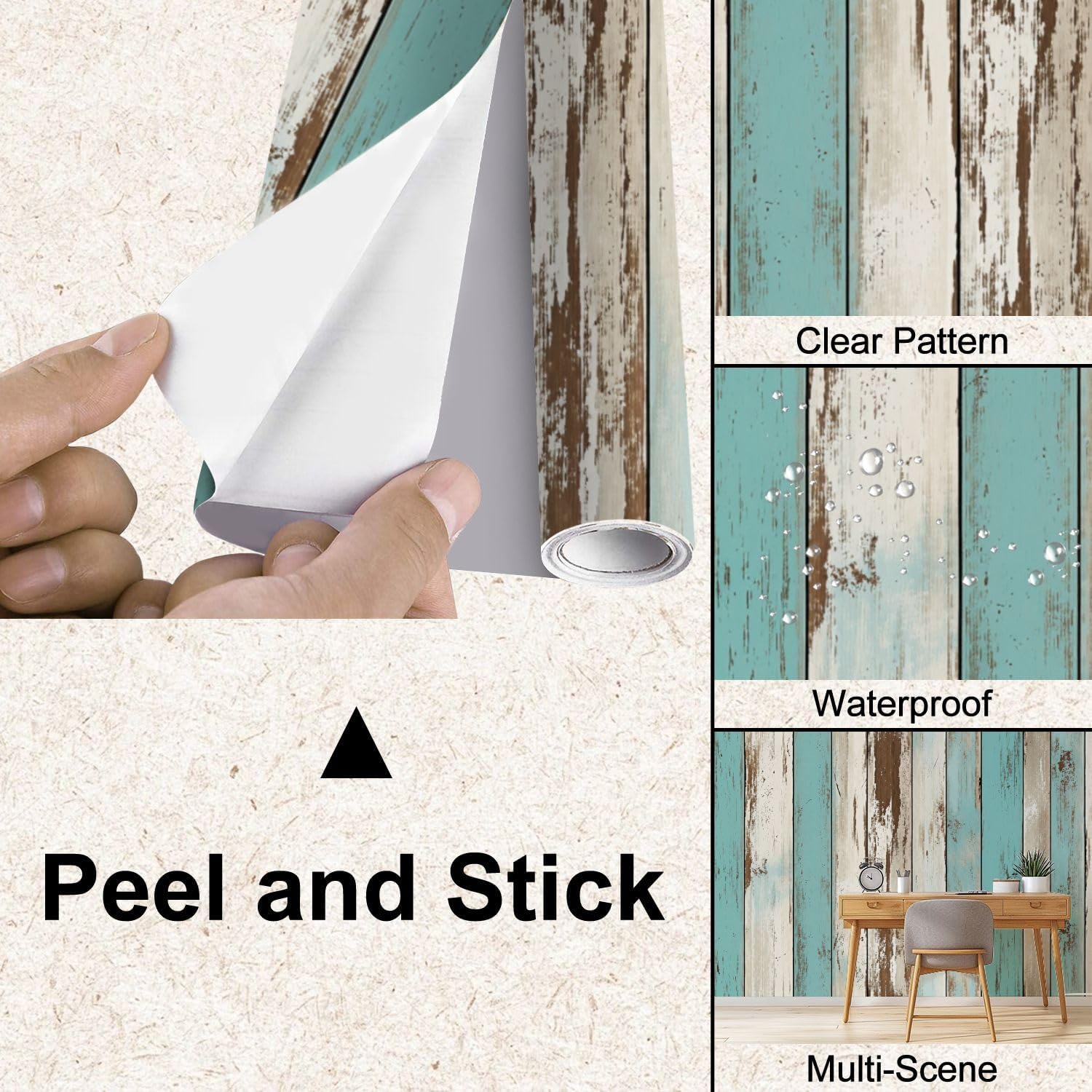 Peel and Stick Wallpaper 100'' x 144'' Self-Adhesive Wall Mural Distressed Wooden Planks Teal Brown White Colors Large Wall Sticker, Removable Decor for Bedroom Living Room, Office