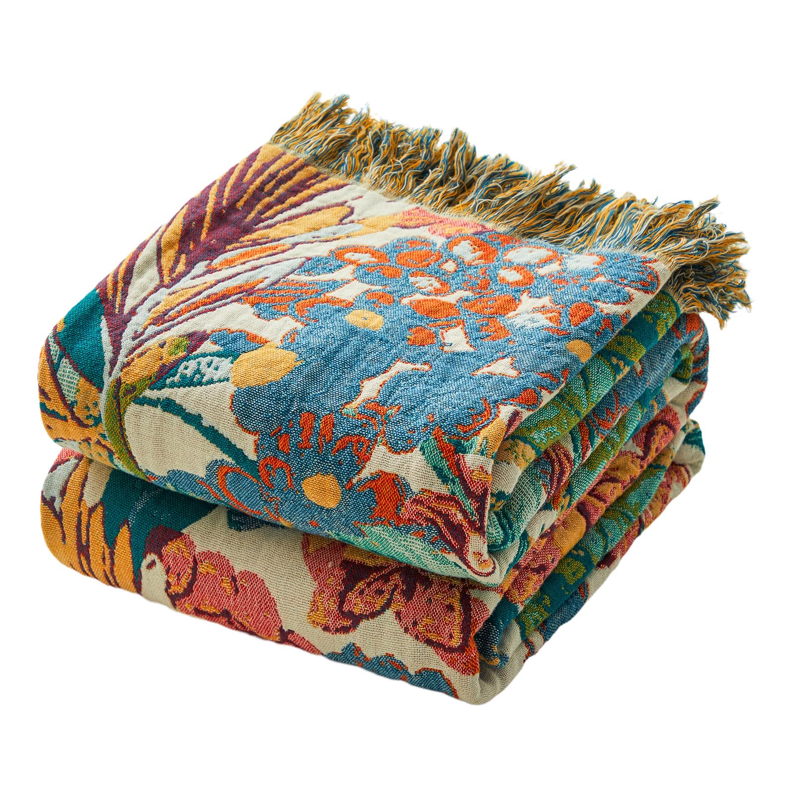 MSGKV Boho Throw Blanket for Couch Chair 100% Cotton Floral Blanket 50"x60" Sofa Blankets Lightweight Farmhouse Muslin Summer Breathable Bed Blankets Home Decor All Seasons