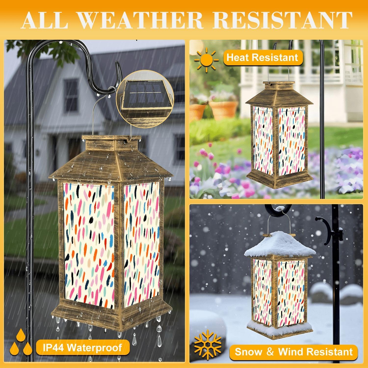 Solar Lantern Outdoor Waterproof Polka Dot Ikat Geometric Folklore Ornament Vintage Retro Style Garden Decor LED Hanging Solar Lights Tabletop Lamp Gifts for Women Mom Outside Yard Patio Porch