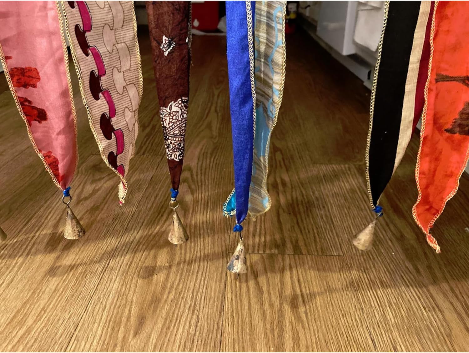 Handmade Boho Silk Sari Ribbon Hippie Curtain Doorway Divider, Recycled Saree Fabric Drape with Bells, Light-Filtering Multicolor Rod Pocket Curtain for Bedroom & Living Room Décor 85x45 Inch