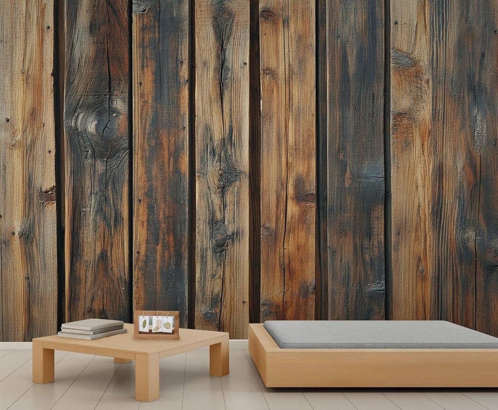 Rustic Wooden Plank Mural - Distressed Wall Paintings, Brown Wood Stripes 3D Wall Mural for Living Room Bedroom, Wooden Plank Murals - 157.5" x 110.3" (Not Peel n' Stick)