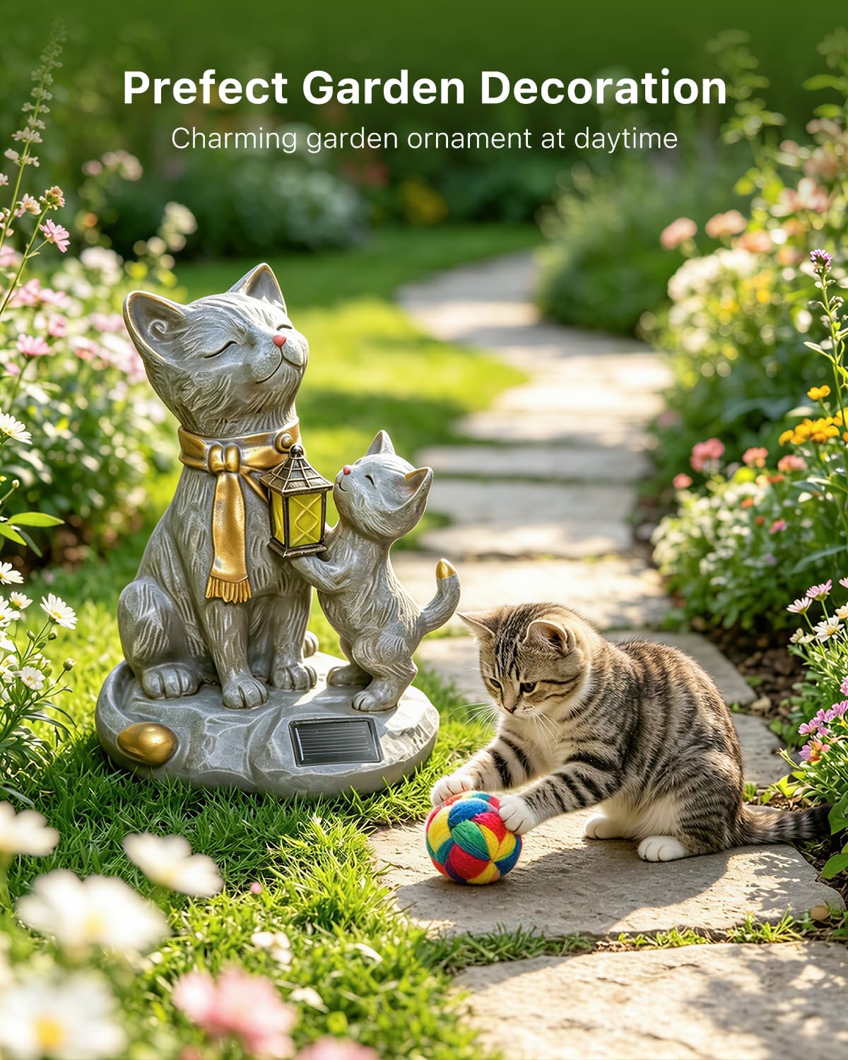 9.8" Solar Cat Resin Garden Statues Outdoor Lights with Lanterns Waterproof Animal Figurine Outside Decorations for Yard, Patio, Porch, Balcony Ornaments Unique Gardening Gifts for Mom, Grandma, Women