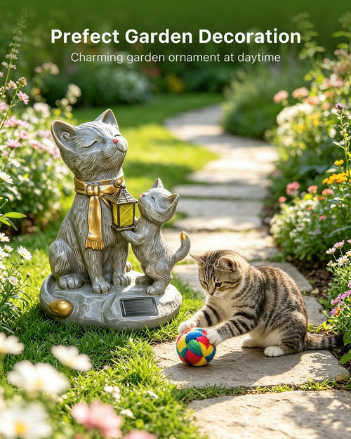 9.8" Solar Cat Resin Garden Statues Outdoor Lights with Lanterns Waterproof Animal Figurine Outside Decorations for Yard, Patio, Porch, Balcony Ornaments Unique Gardening Gifts for Mom, Grandma, Women